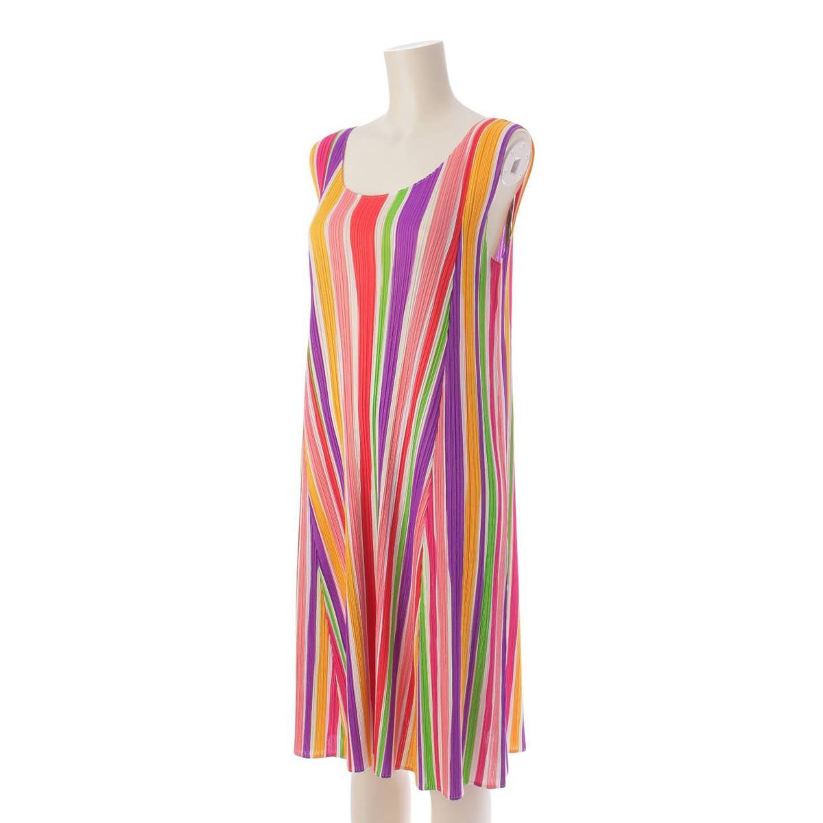 [Issey Miyake] Issey Miyake Striped A-line Sleeveless One-piece Dress PP31-JH625 Multicolor 4 [Used] [Authenticated and Guaranteed Authentic] 206996