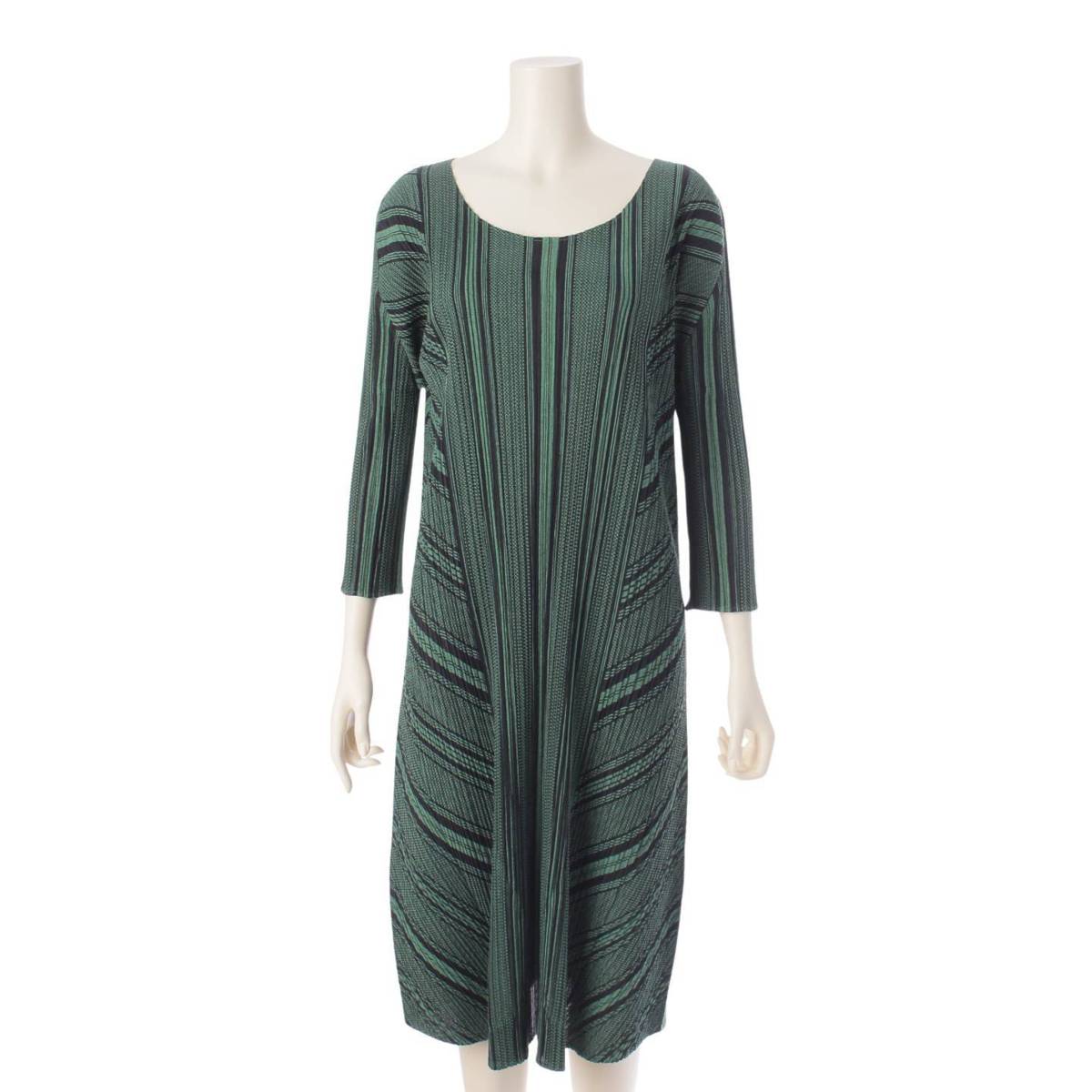 [Issey Miyake] Issey Miyake Open Neck Long One Piece Dress Tops PP11-JH564 Green 3 [Used] [Authenticated and Guaranteed Authentic] 206998