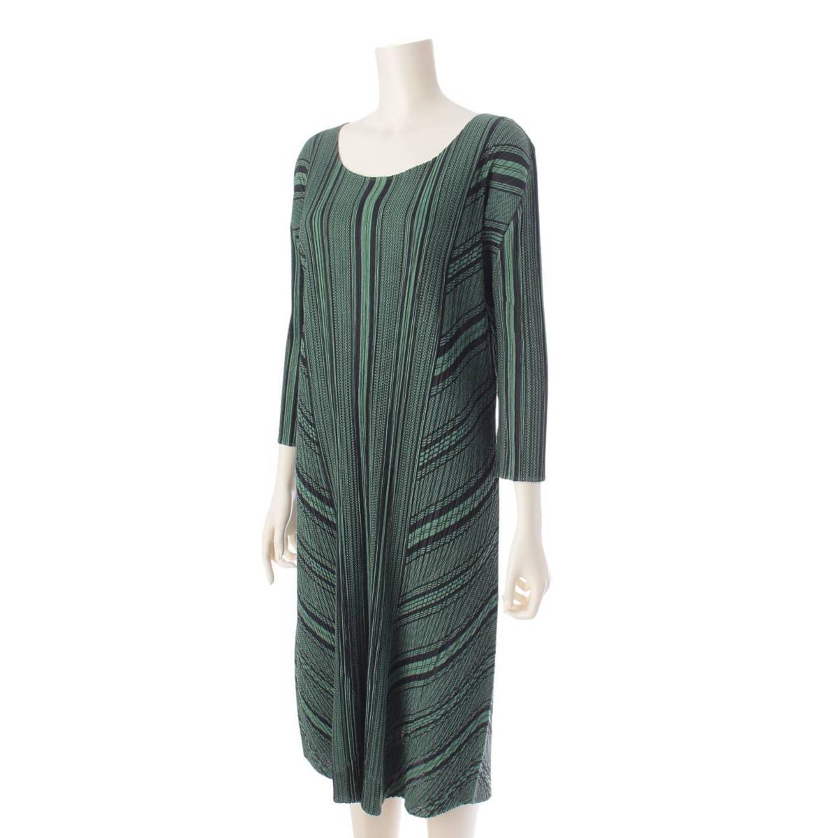 [Issey Miyake] Issey Miyake Open Neck Long One Piece Dress Tops PP11-JH564 Green 3 [Used] [Authenticated and Guaranteed Authentic] 206998