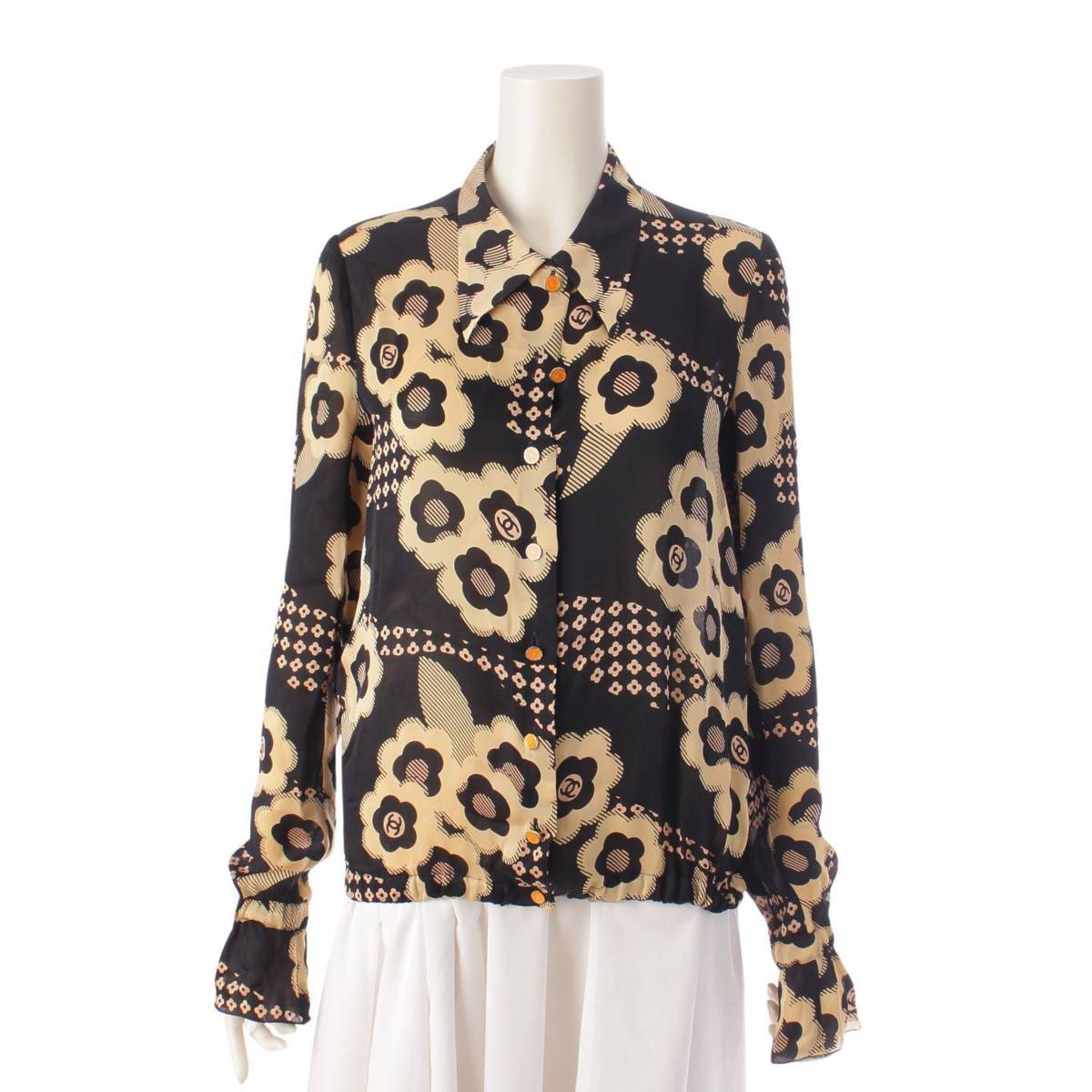 [Chanel] Chanel 05S COCO Mark Camellia Silk Long Sleeve Blouse Shirt P25964 Black 36 [Used] [Authenticated and Guaranteed Authentic] 207049