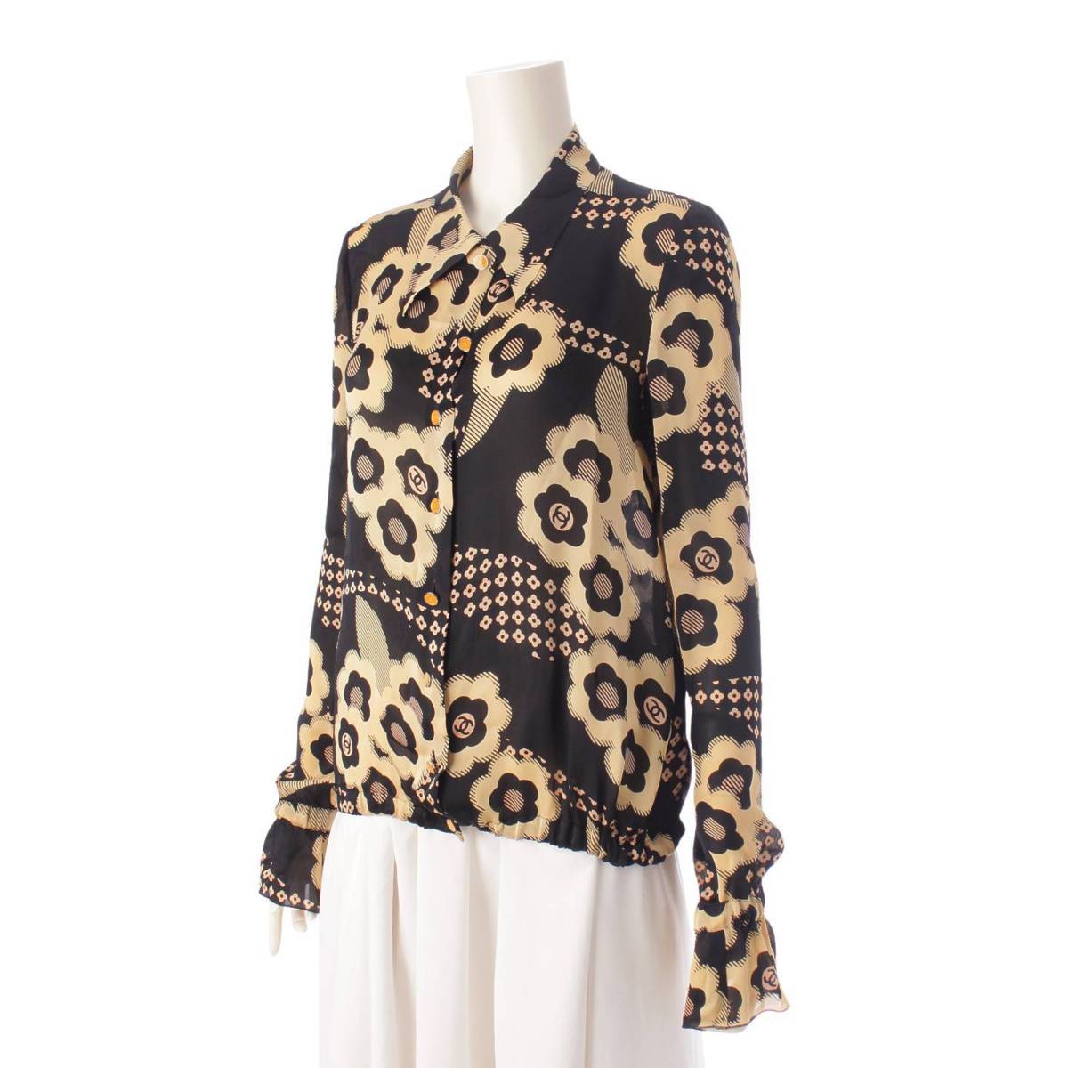 [Chanel] Chanel 05S COCO Mark Camellia Silk Long Sleeve Blouse Shirt P25964 Black 36 [Used] [Authenticated and Guaranteed Authentic] 207049