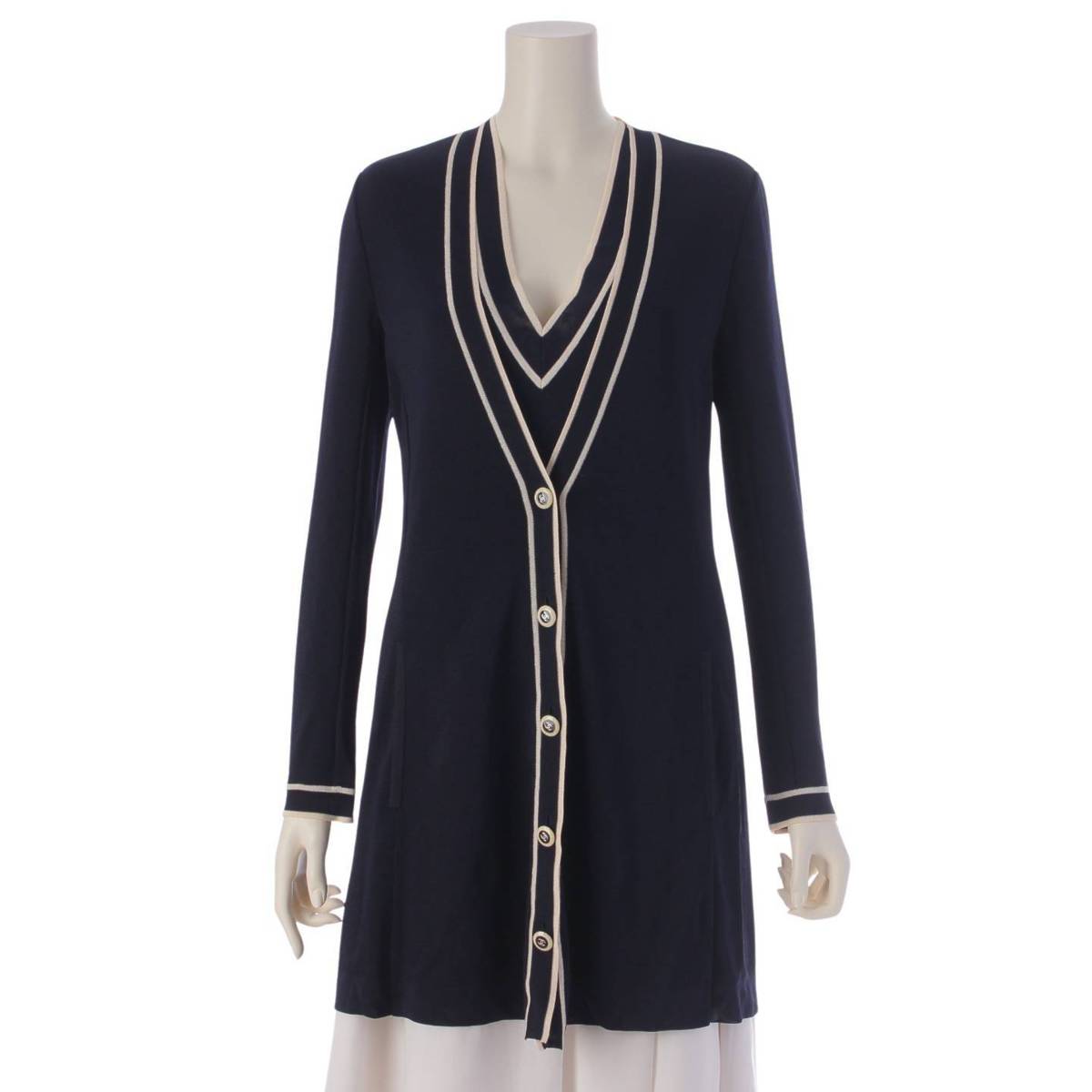 [Chanel] Chanel Ensemble Rayon Cardigan Sleeveless Top Navy x White 36 [Used] [Authenticated and Guaranteed Authentic] 207051