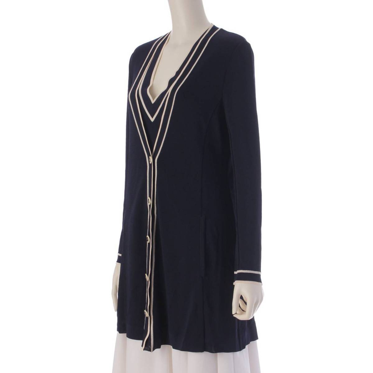 [Chanel] Chanel Ensemble Rayon Cardigan Sleeveless Top Navy x White 36 [Used] [Authenticated and Guaranteed Authentic] 207051