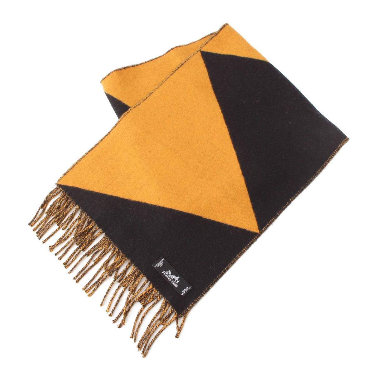 [Hermes] Hermes Kazak Zigzag Cashmere Fringe Scarf Stole Black x Yellow [Used] [Authenticated and Guaranteed Authentic] 207084
