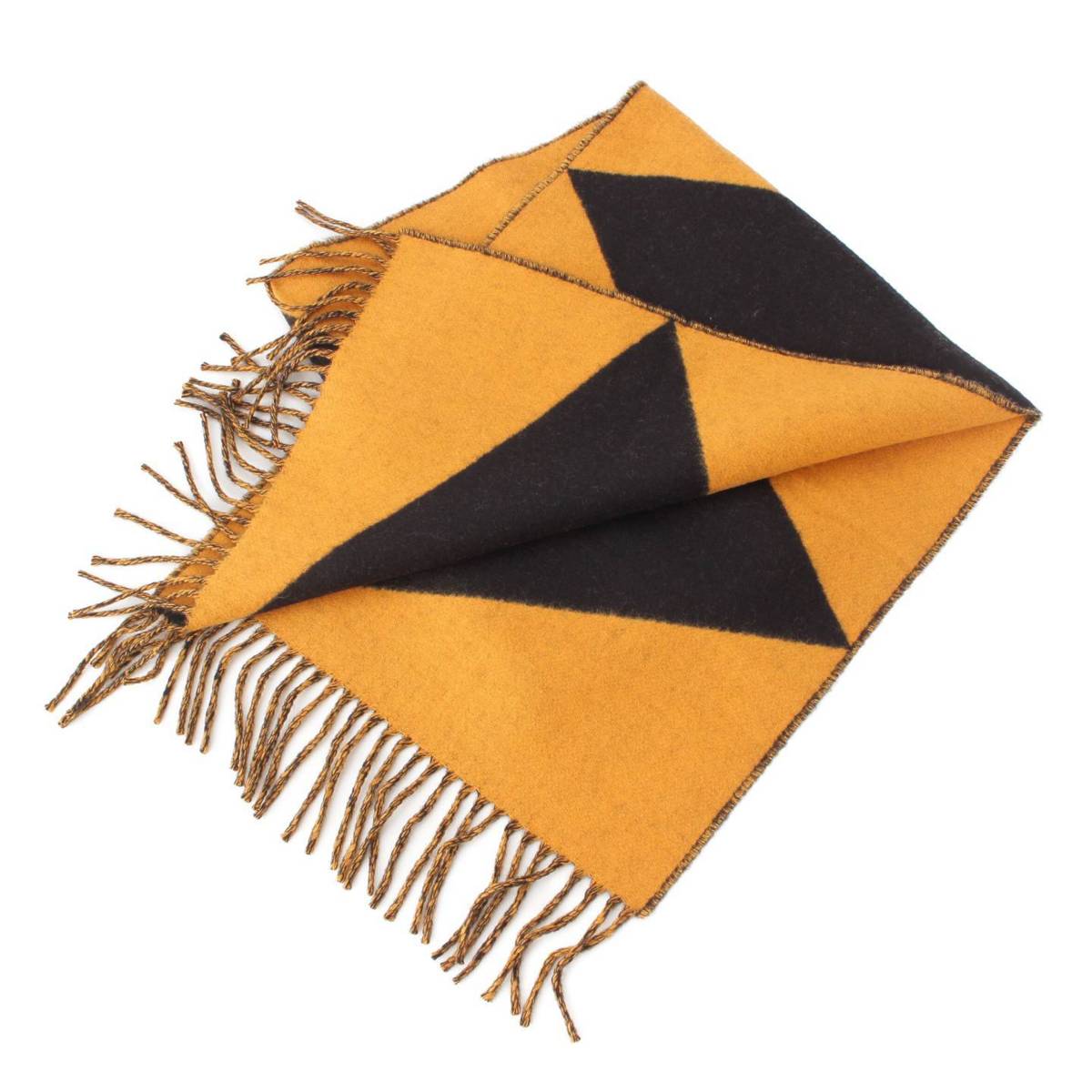 [Hermes] Hermes Kazak Zigzag Cashmere Fringe Scarf Stole Black x Yellow [Used] [Authenticated and Guaranteed Authentic] 207084