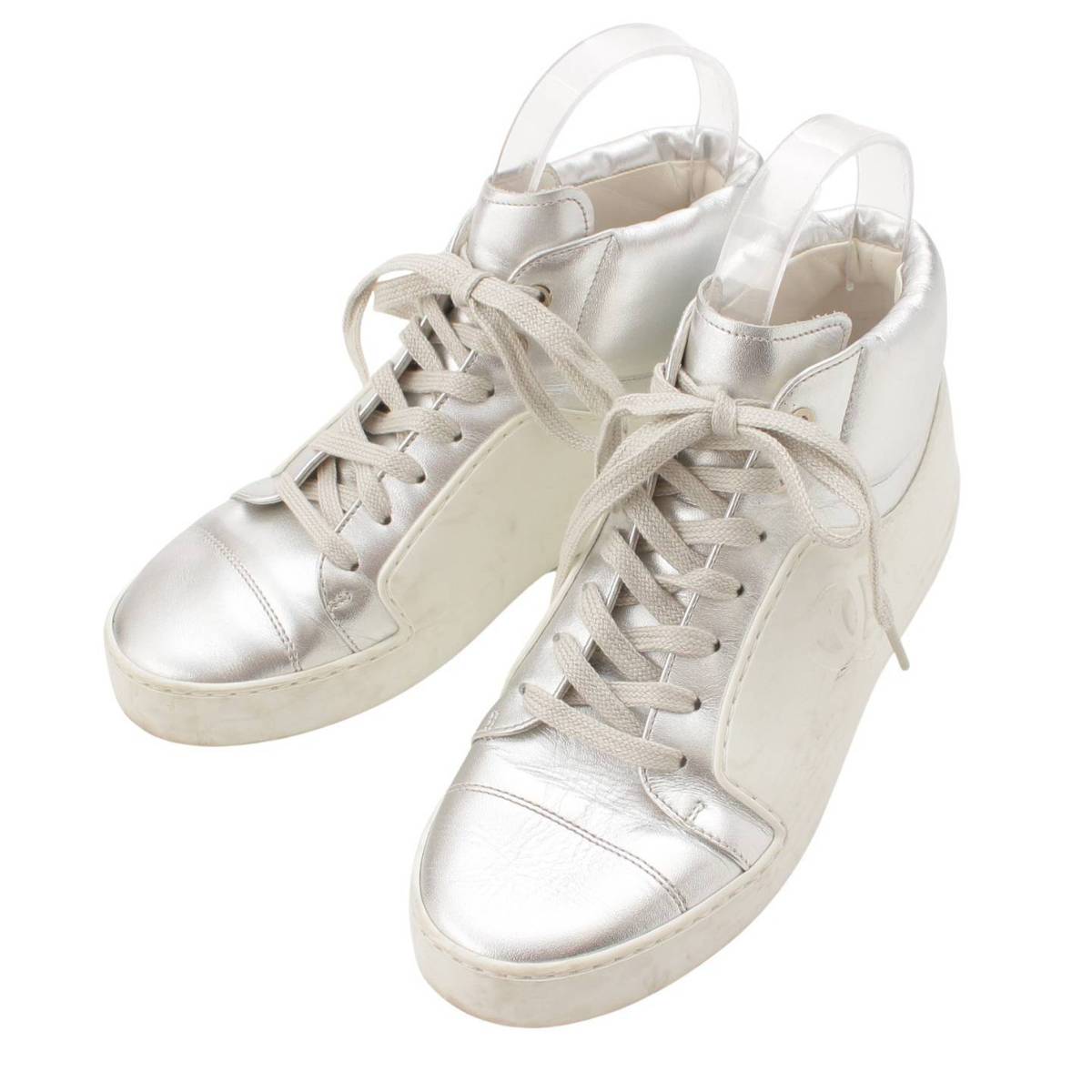 [Chanel] Chanel COCO Mark Leather High-Cut Sneakers G32720 White x Silver 36 [Used] [Authenticated and Guaranteed Authentic] 207093