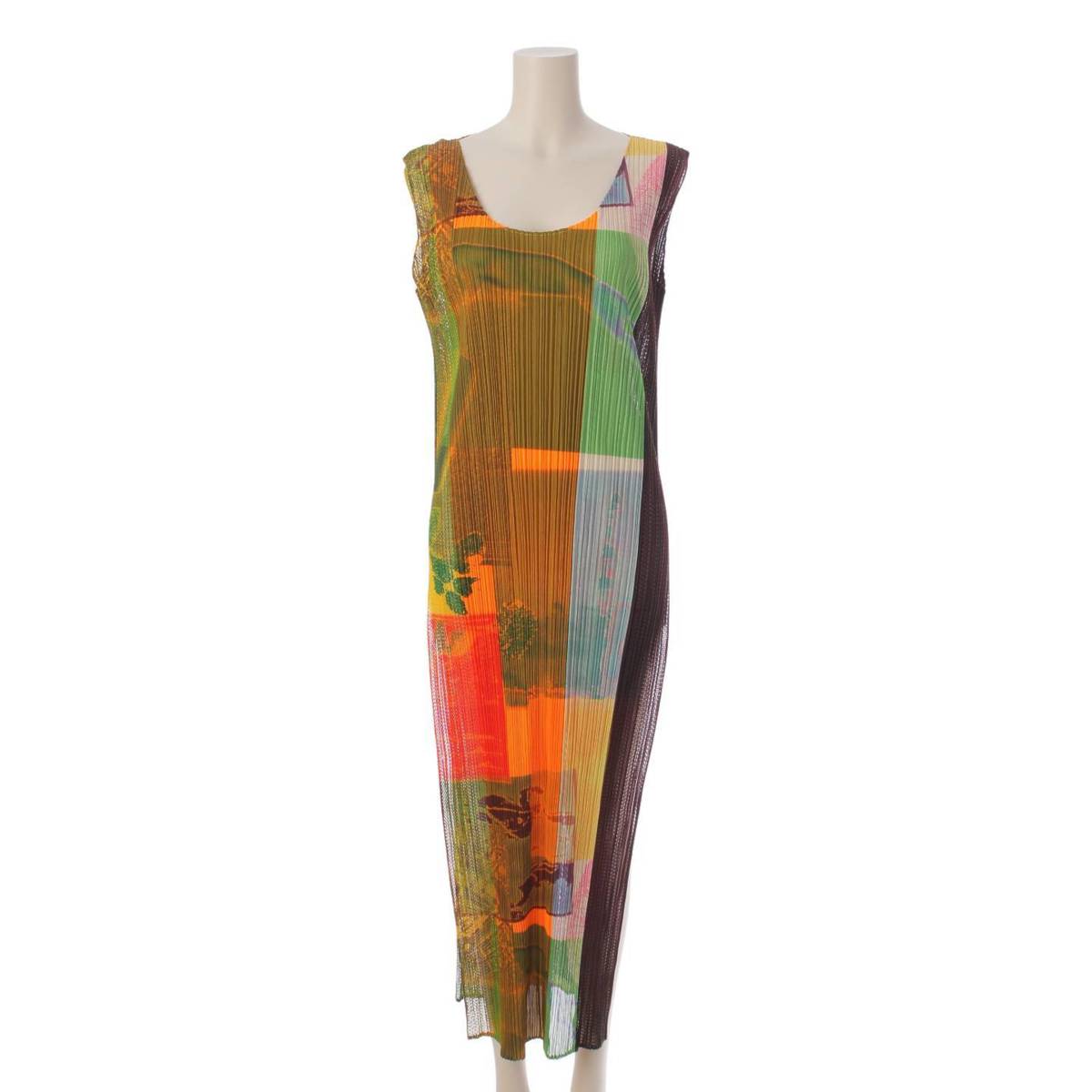 [Pleated Please Issey Miyake] PLEATS PLEASE ISSEY Slit All-over Print Sleeveless Long Dress PP12-JH611 Multicolor 4 [Used] [Authenticated and Guaranteed Authentic] 207320