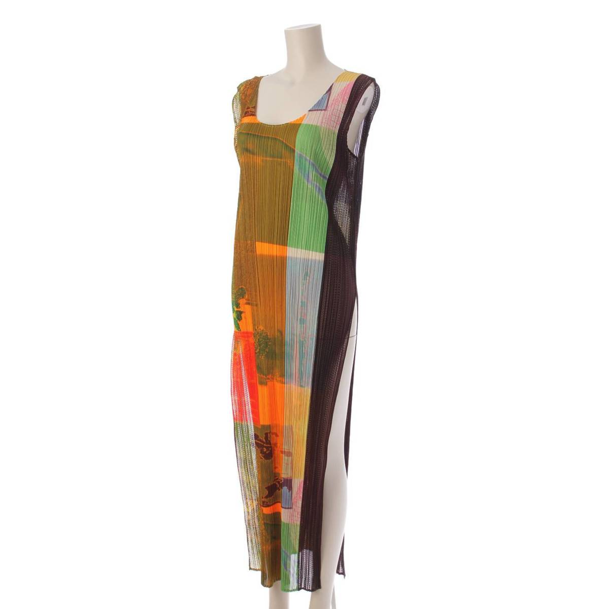 [Pleated Please Issey Miyake] PLEATS PLEASE ISSEY Slit All-over Print Sleeveless Long Dress PP12-JH611 Multicolor 4 [Used] [Authenticated and Guaranteed Authentic] 207320