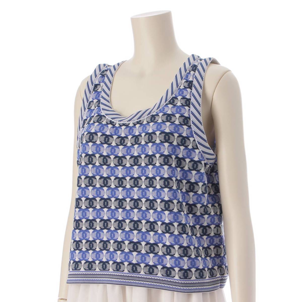 [Chanel] Chanel 19P COCO Mark Knitted Tank Top Sleeveless Top P60691 Blue 38 [Used] [Authenticated and Guaranteed Authentic] 208049
