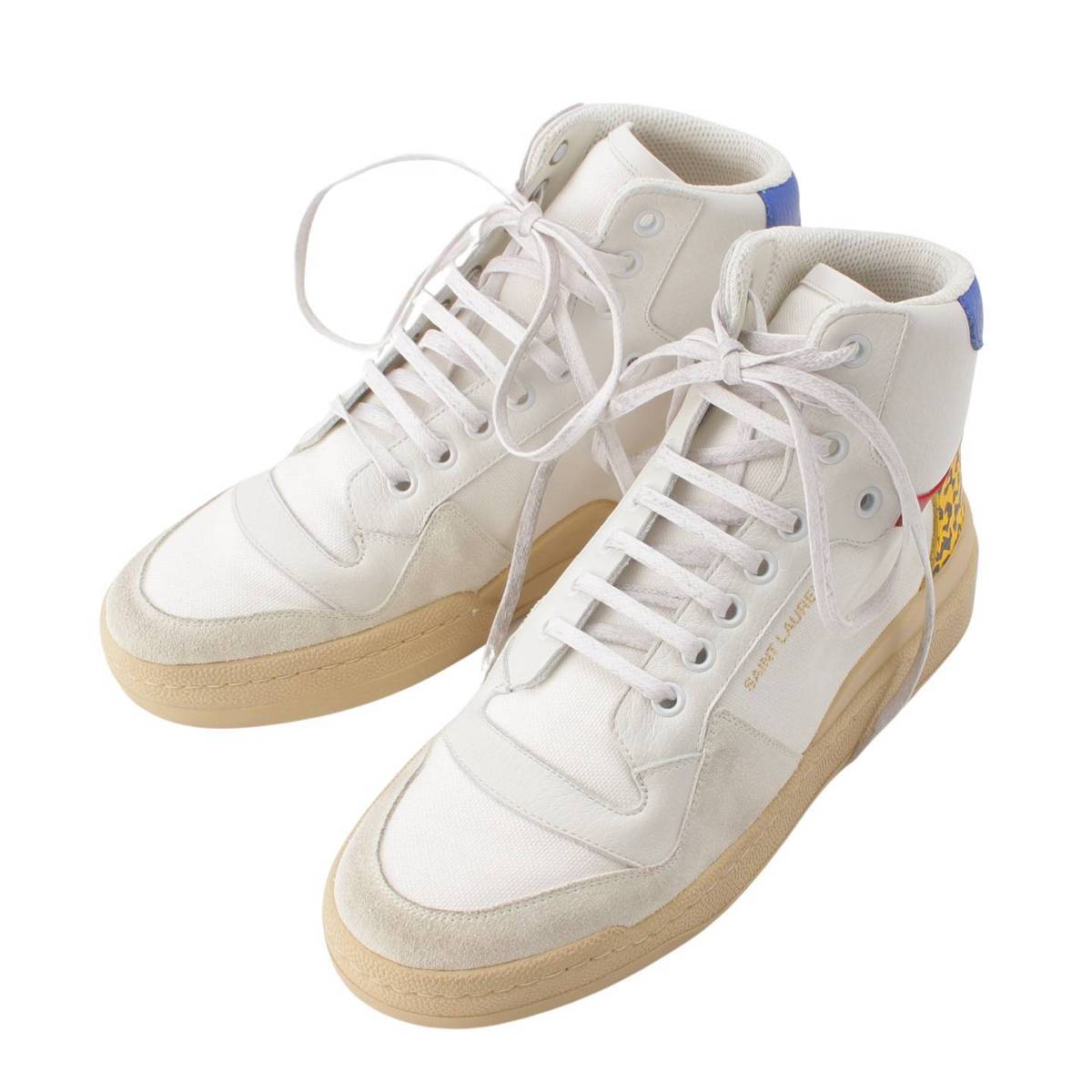 [Saint Laurent] SAINT LAURENT SL24 Distressed Leather Mid-Top Sneakers Leopard 669434 White 38 [Used] [Authenticated and Guaranteed Authentic] 208112