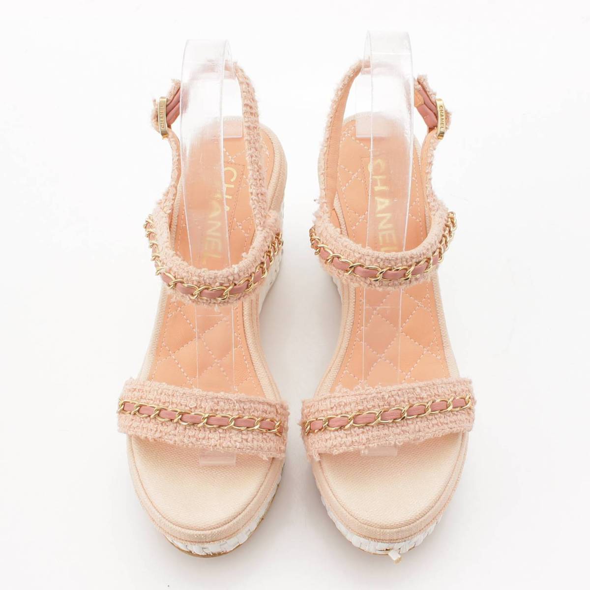[Chanel] Chanel COCO Mark Chain Leather Wedge Sandals G35643 Pink x White 36 1/2 [Used] [Authenticated and Guaranteed Authentic] 208238