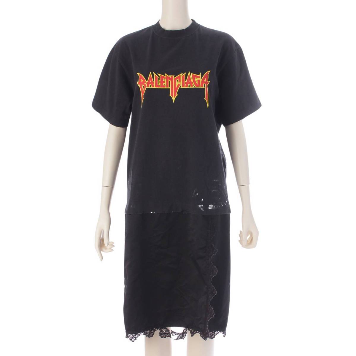 [Balenciaga] Balenciaga Metal Logo Paint Distressed Layered Cotton T-Shirt Dress Black XS [Used] [Authenticated and Guaranteed Authentic] 208245