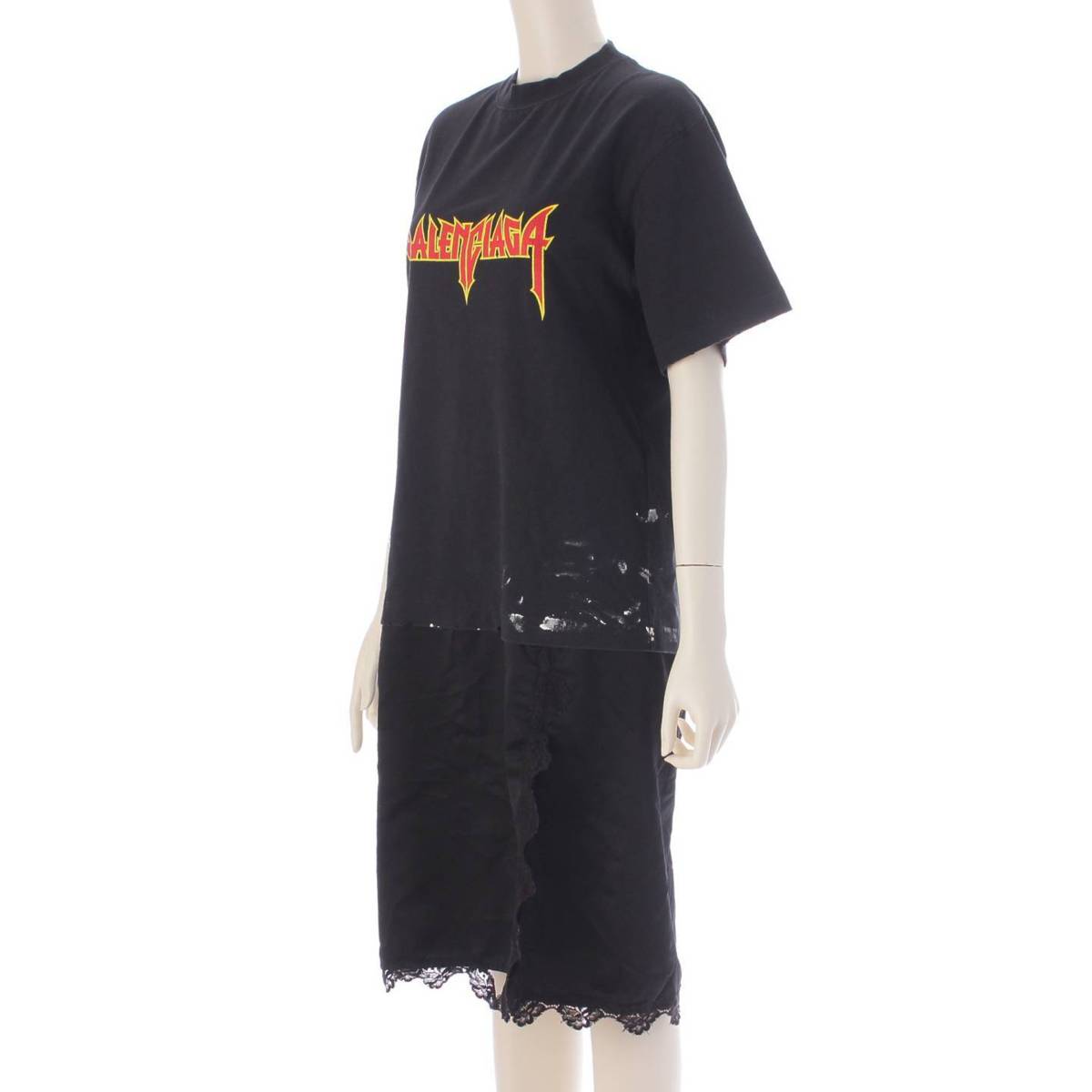 [Balenciaga] Balenciaga Metal Logo Paint Distressed Layered Cotton T-Shirt Dress Black XS [Used] [Authenticated and Guaranteed Authentic] 208245