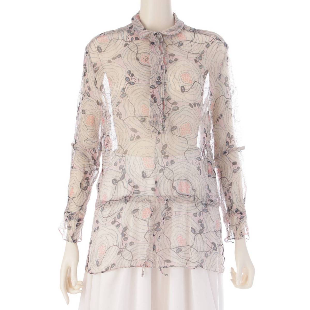 [Chanel] Chanel Camellia Design Shell Button Drawstring Sheer Blouse P43636 Greige 38 [Used] [Authenticated and Guaranteed Authentic] 208366