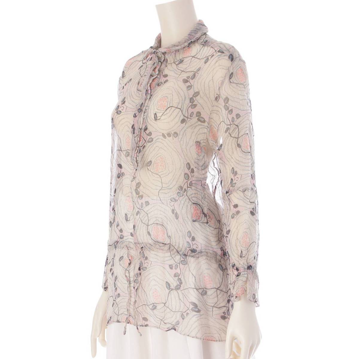 [Chanel] Chanel Camellia Design Shell Button Drawstring Sheer Blouse P43636 Greige 38 [Used] [Authenticated and Guaranteed Authentic] 208366