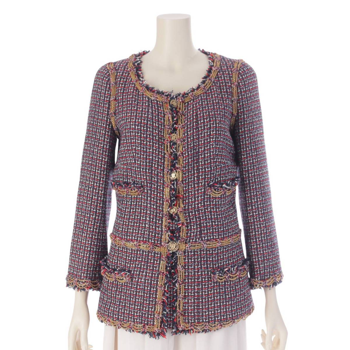 [Chanel] Chanel 08P COCO Mark Emblem Chain Tweed Jacket P33184 Navy Red 36 [Used] [Authenticated and Guaranteed Authentic] 208370