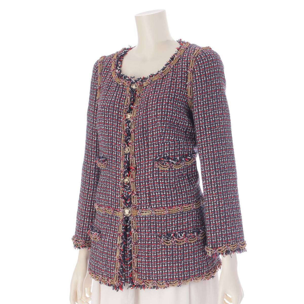 [Chanel] Chanel 08P COCO Mark Emblem Chain Tweed Jacket P33184 Navy Red 36 [Used] [Authenticated and Guaranteed Authentic] 208370