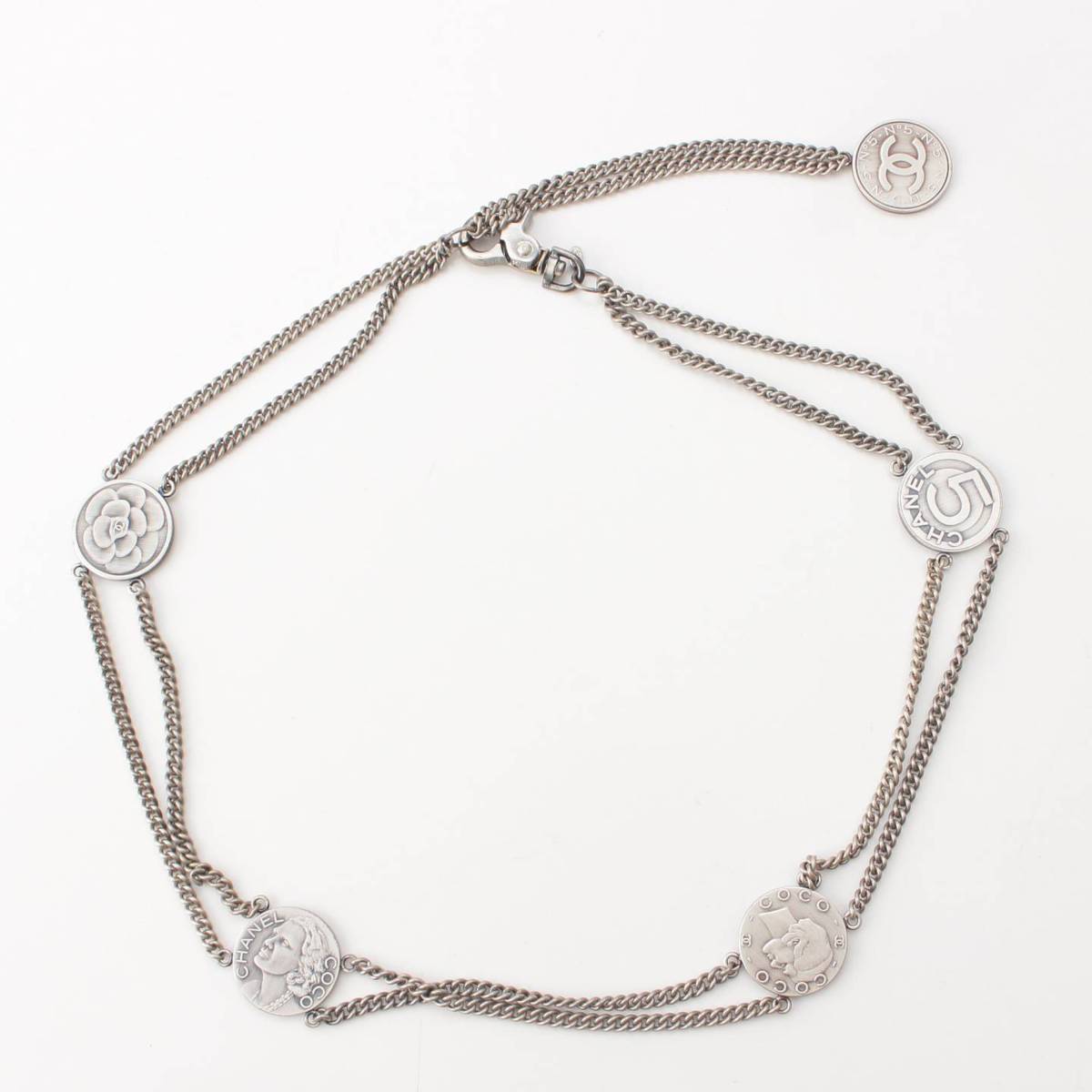 [Chanel] Chanel 08A Camellia Mademoiselle COCO Mark Coin Chain Belt Silver [Used] [Authenticated and Guaranteed Authentic] 209718