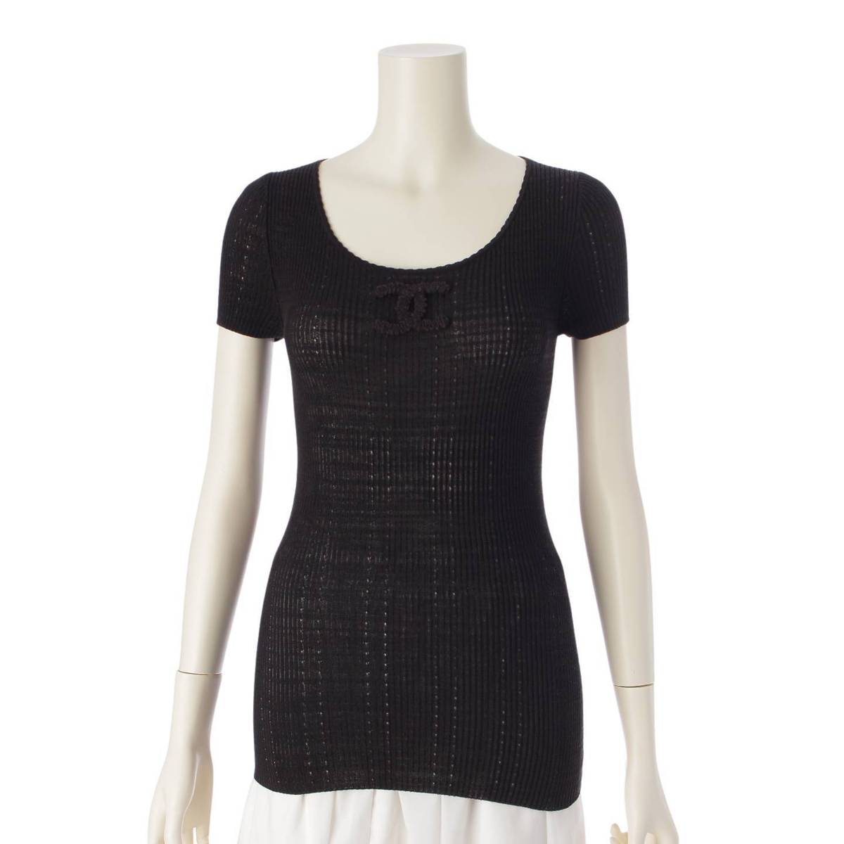 [Chanel] Chanel 09P COCO Mark Ribbon Ribbed Knit Cut and Sew Knit Top P35183 Black 34 [Used] [Authenticated and Guaranteed Authentic] 210348