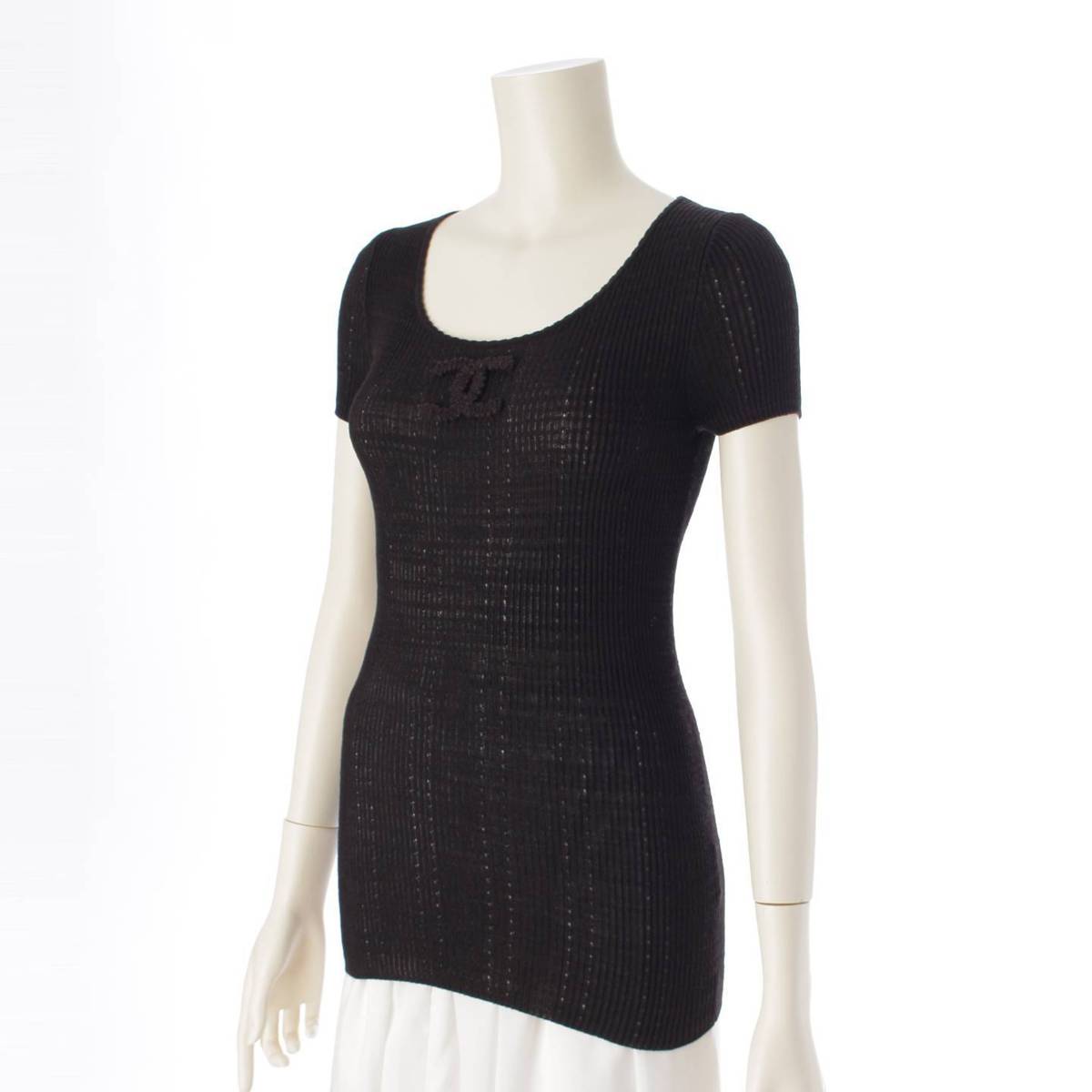 [Chanel] Chanel 09P COCO Mark Ribbon Ribbed Knit Cut and Sew Knit Top P35183 Black 34 [Used] [Authenticated and Guaranteed Authentic] 210348