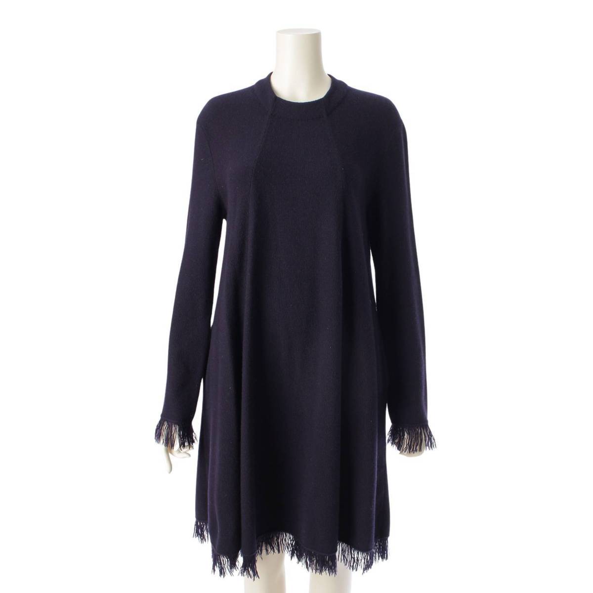 Drawer wool Fringe long sleeve knit one piece 6526-299-0872 Navy 1