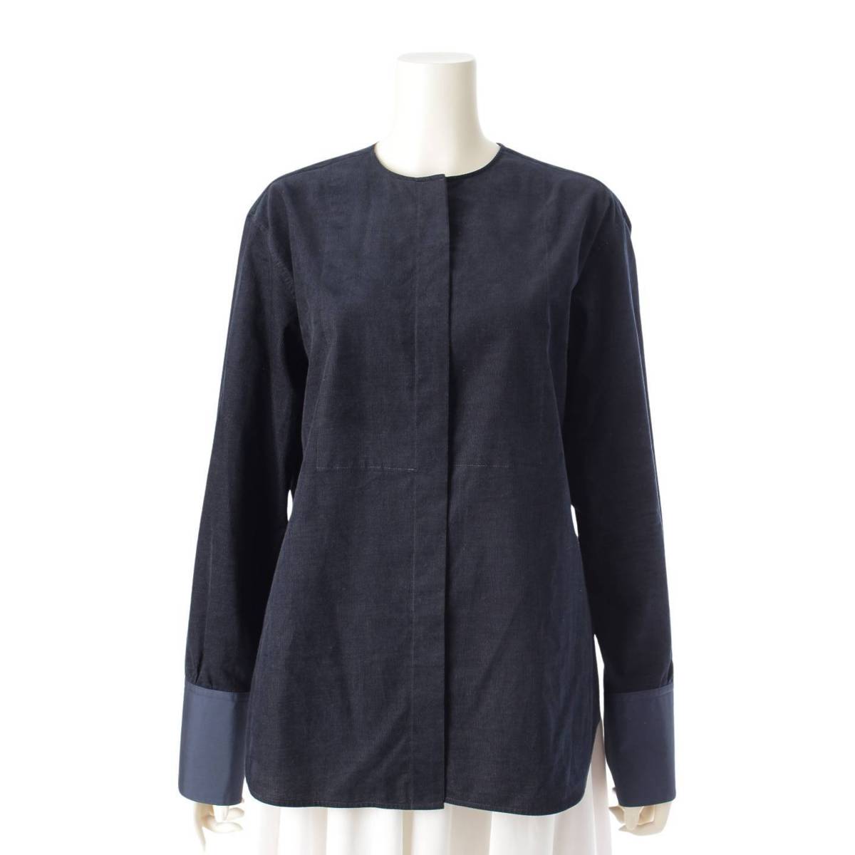 Drawer 24Stainless Steel cotton Corduroy No Collar Long sleeve shirt Tops blouse 6511-299-0542 Navy 36