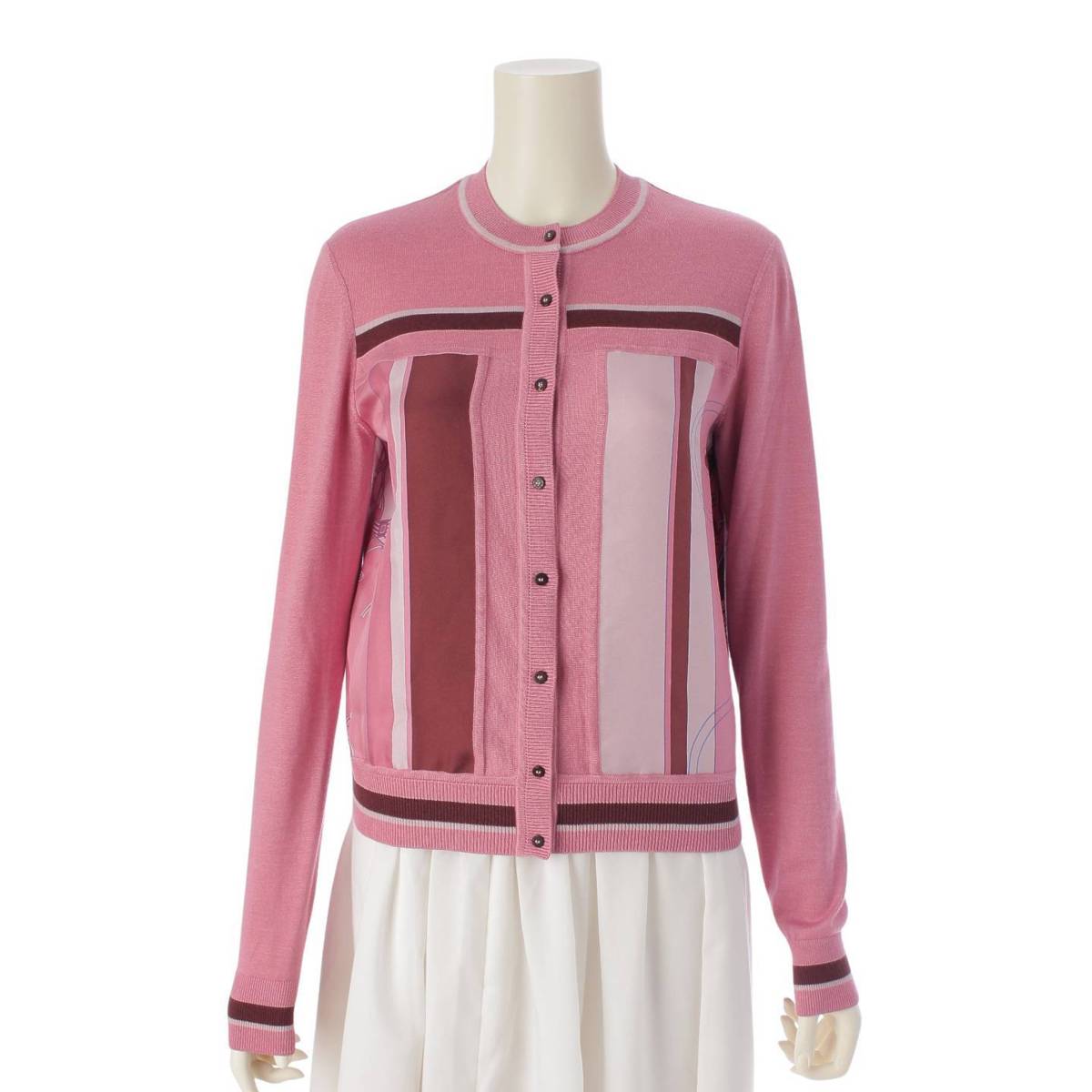 [Hermes] Hermes 23Stainless Steel Exlibris Twill Laine Silk x Cashmere Cardigan Pink 34 [Used] [Authenticated and Guaranteed Authentic] 210677