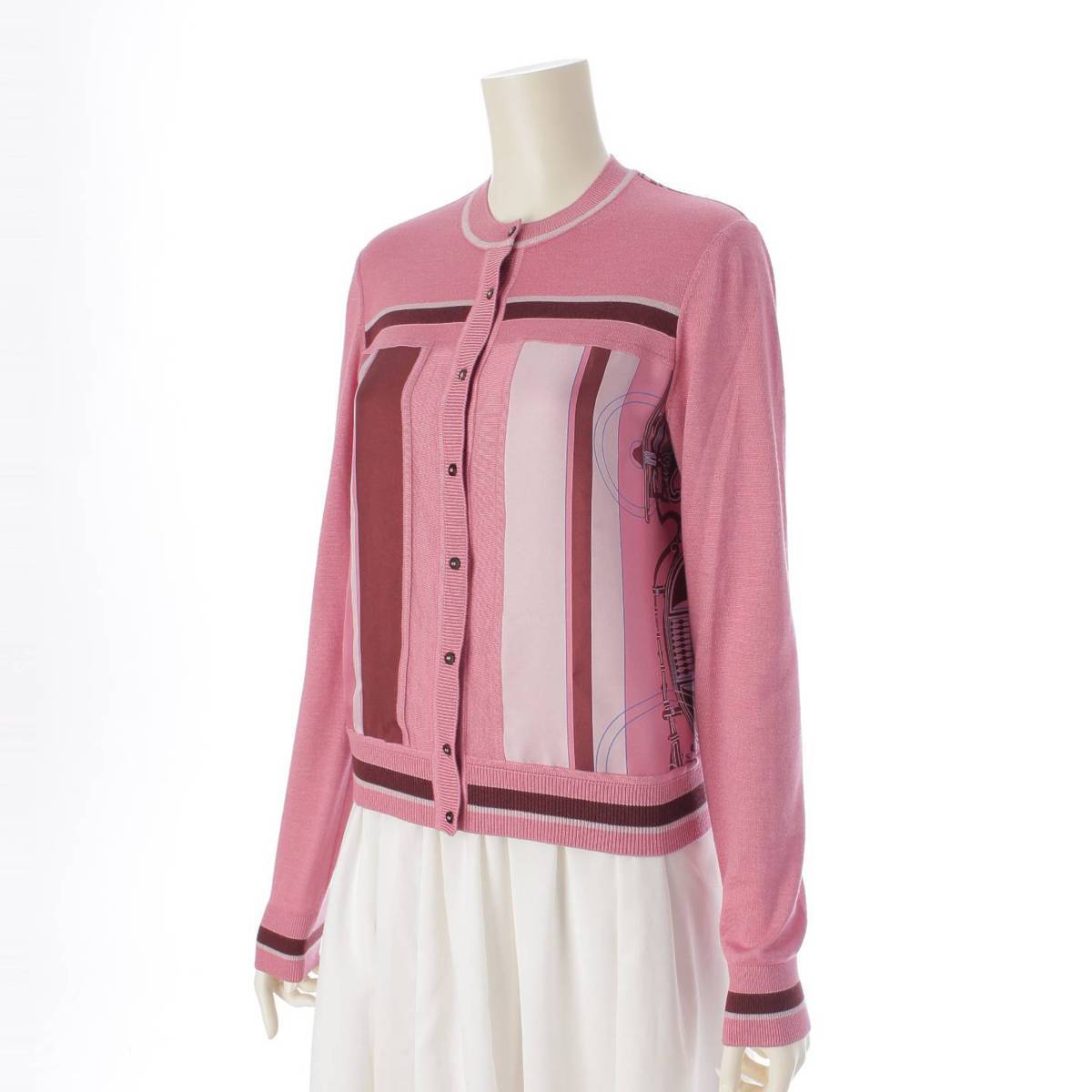 [Hermes] Hermes 23Stainless Steel Exlibris Twill Laine Silk x Cashmere Cardigan Pink 34 [Used] [Authenticated and Guaranteed Authentic] 210677