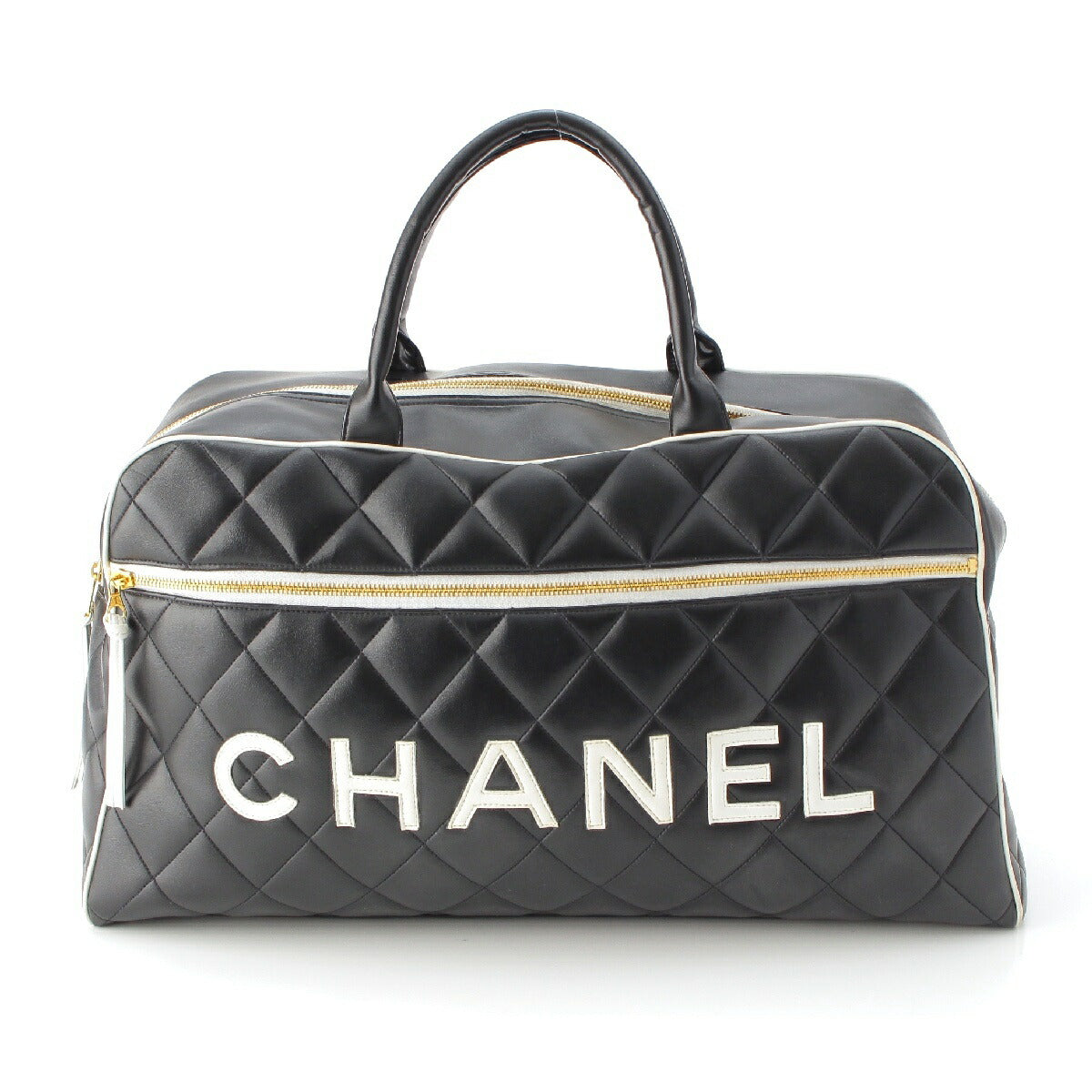 Chanel No. 3 Matelasse Logo Lambskin Boston Bag Black x White [Used] [Authentic Guaranteed]