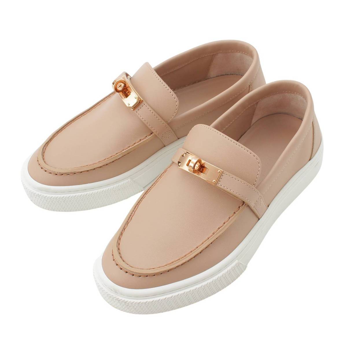 [Hermes] Hermes Game Kelly Buckle Leather Slip-On Sneakers PGMetal Pink Beige 34.5 [Used] [Authenticated and Guaranteed Authentic] 210809