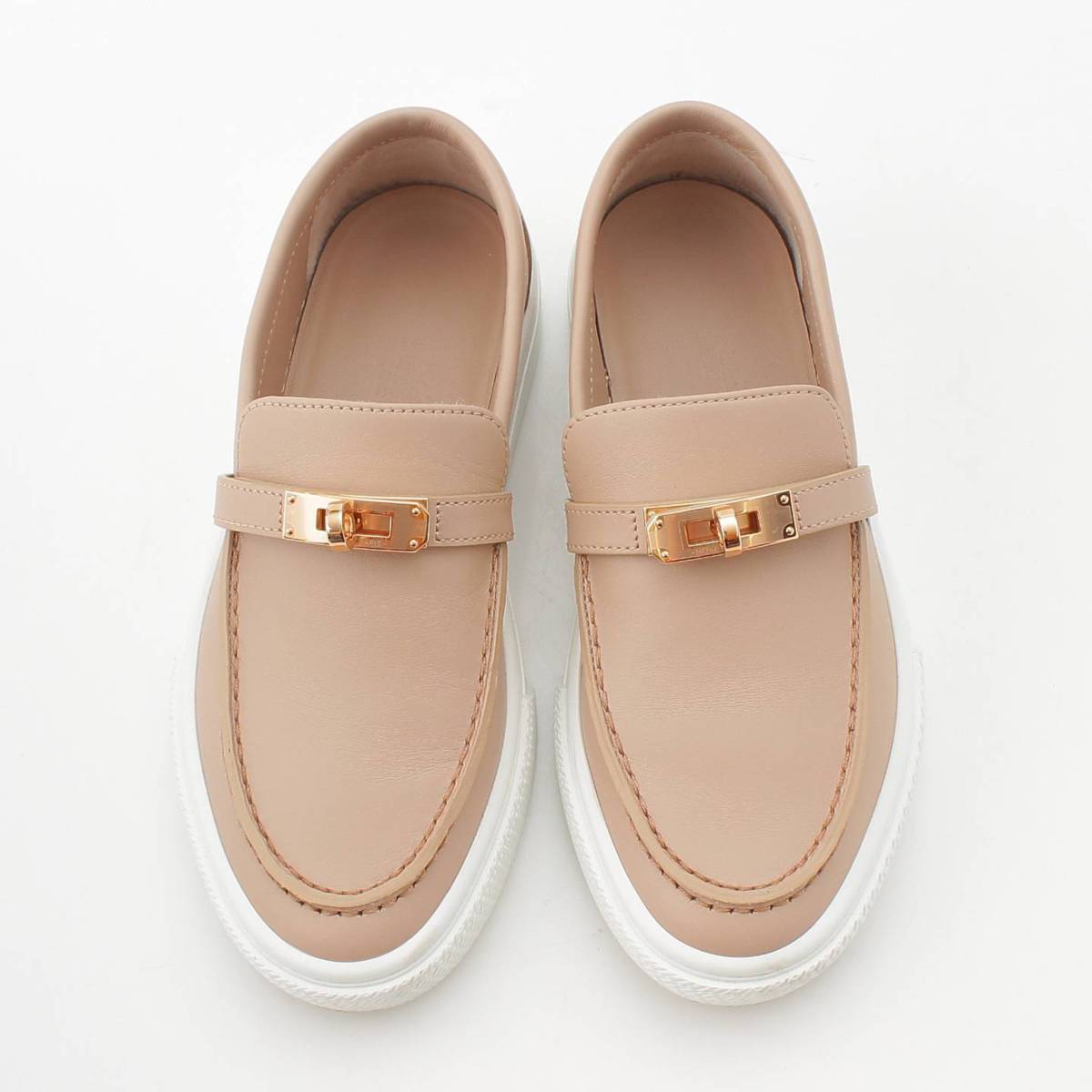 [Hermes] Hermes Game Kelly Buckle Leather Slip-On Sneakers PGMetal Pink Beige 34.5 [Used] [Authenticated and Guaranteed Authentic] 210809