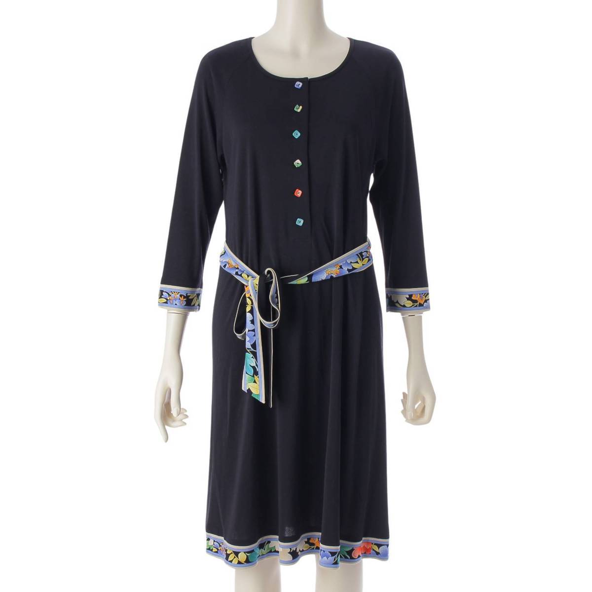 [LEONARD] LEONARD Cancan 3/4 Length Plant Pattern Front Button Belt Dress 0380822 Black M [Used] [Authenticated/Genuine Product Guaranteed] 210867