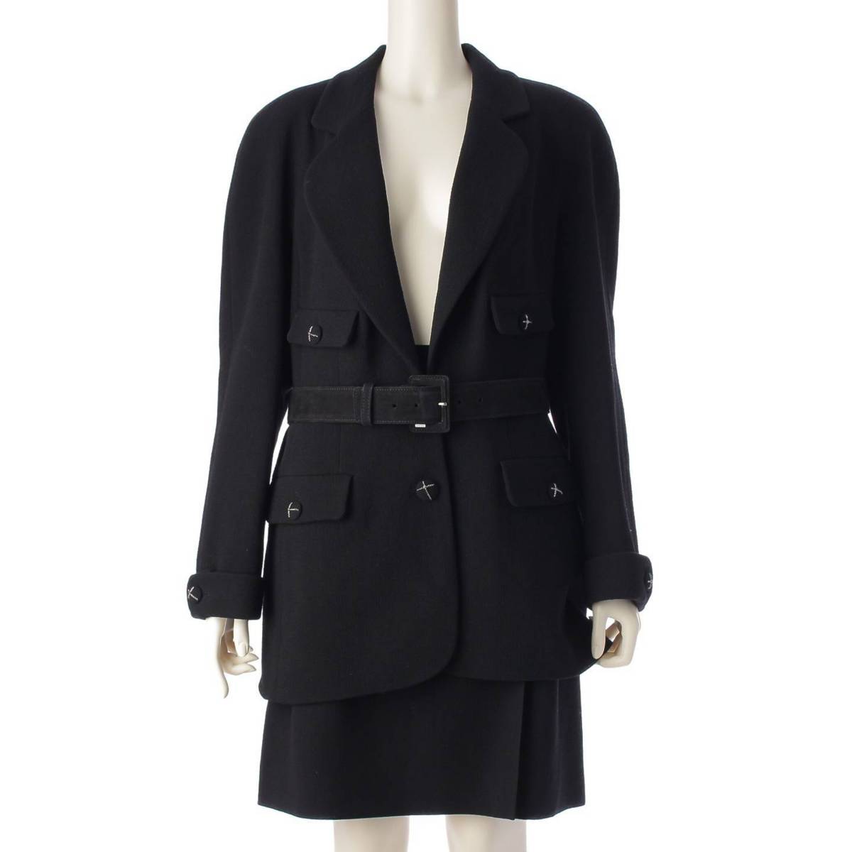 [Chanel] Chanel 07A COCO Mark Wool Jacket & Skirt Set with Belt Black 48 [Used] [Authenticated and Guaranteed Authentic] 210988