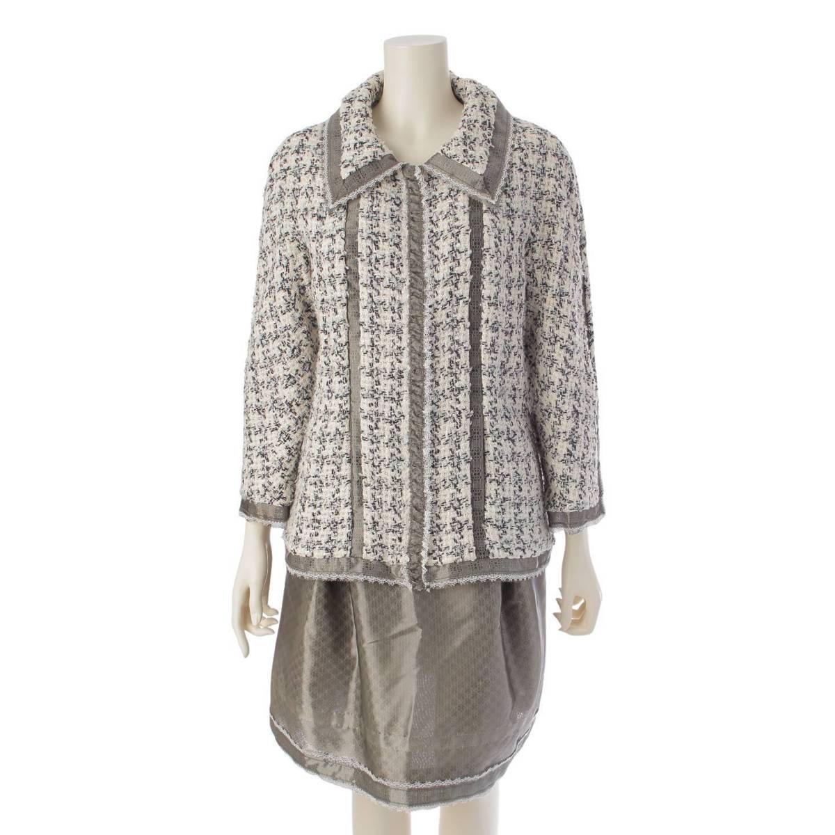 [Chanel] Chanel 09P Zip-up Setup Tweed Lace Skirt White Black 44/42 [Used] [Authenticated/Genuine Product Guaranteed] 210990