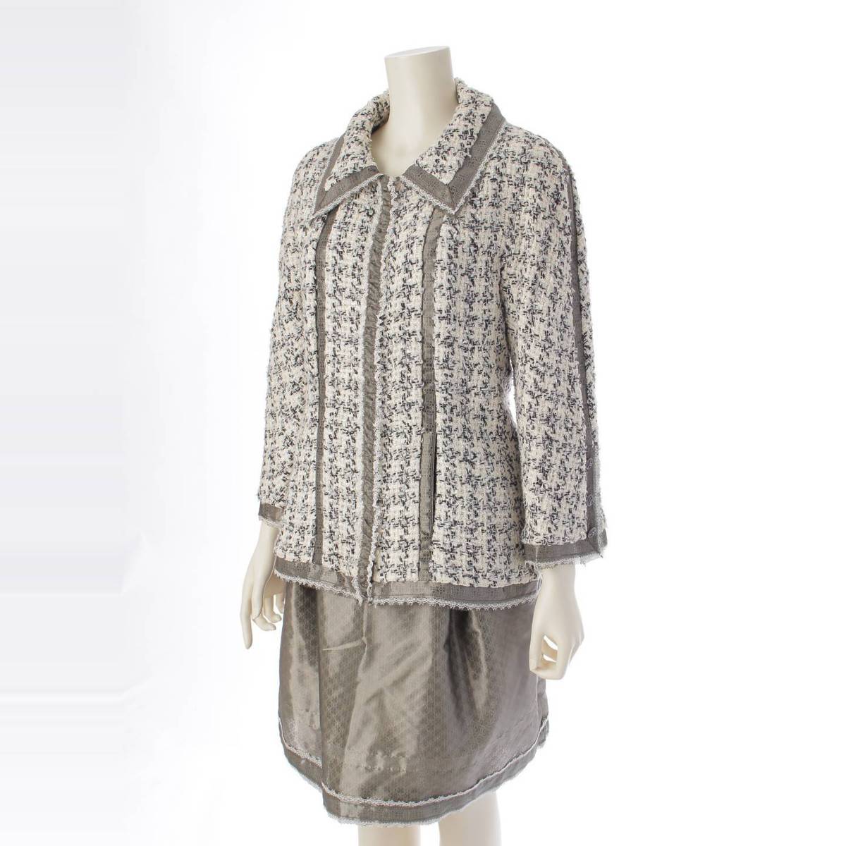 [Chanel] Chanel 09P Zip-up Setup Tweed Lace Skirt White Black 44/42 [Used] [Authenticated/Genuine Product Guaranteed] 210990