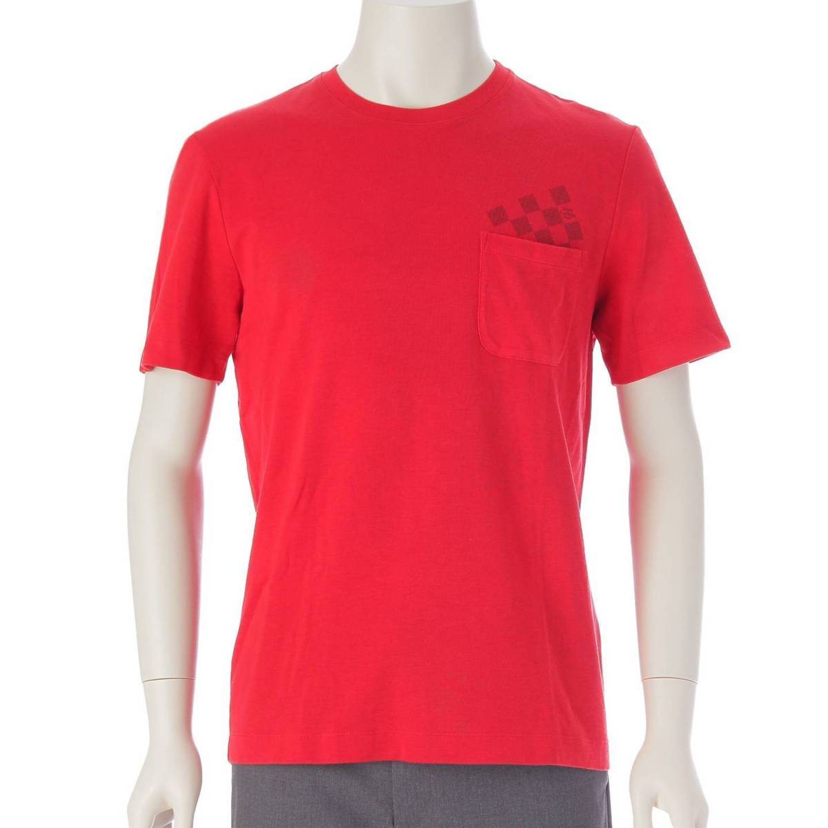 [Louis Vuitton] Louis Vuitton Men's Damier Logo Cotton Short Sleeve T-Shirt Cut and Sew Top Red S [Used] [Authenticated and Guaranteed Authentic] 211081