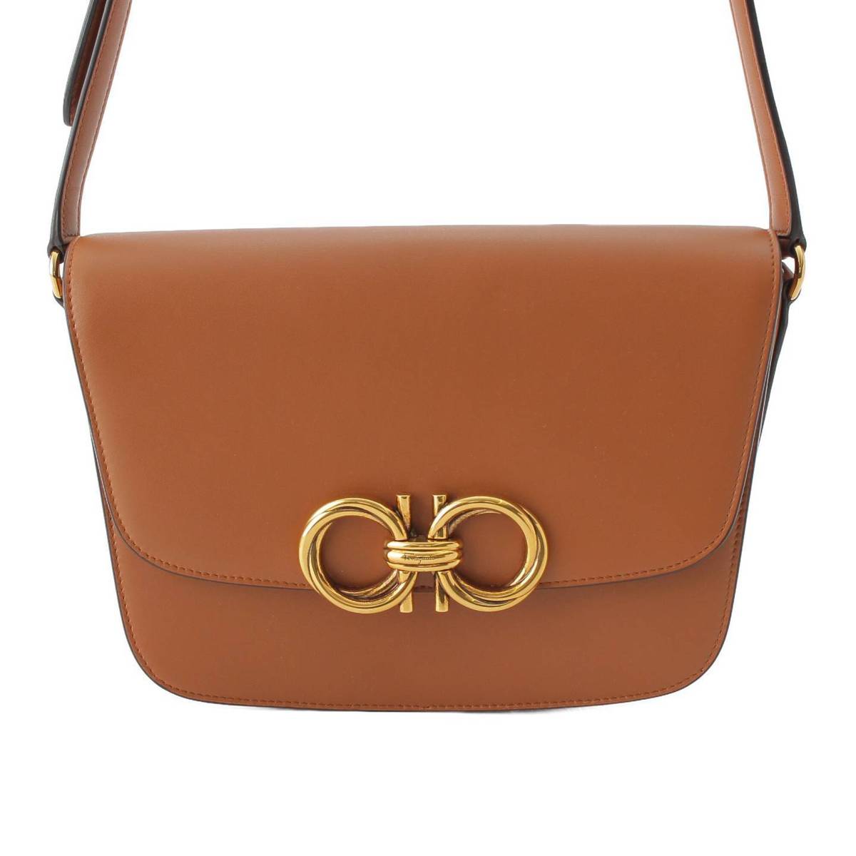 [Salvatore Ferragamo] Salvatore Ferragamo Trapeze Gold Metal Tan Shoulder Bag Brown [Used] [Authenticated and Guaranteed Authentic] 211526