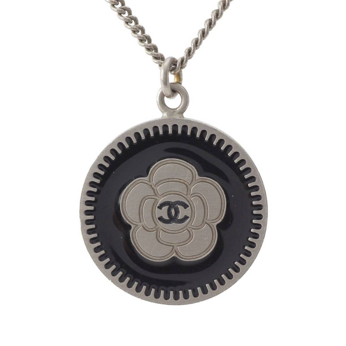 [Chanel] Chanel 06P Camellia COCO Mark Logo Pendant Necklace Silver x Black [Used] [Authenticated and Guaranteed Authentic] 211733