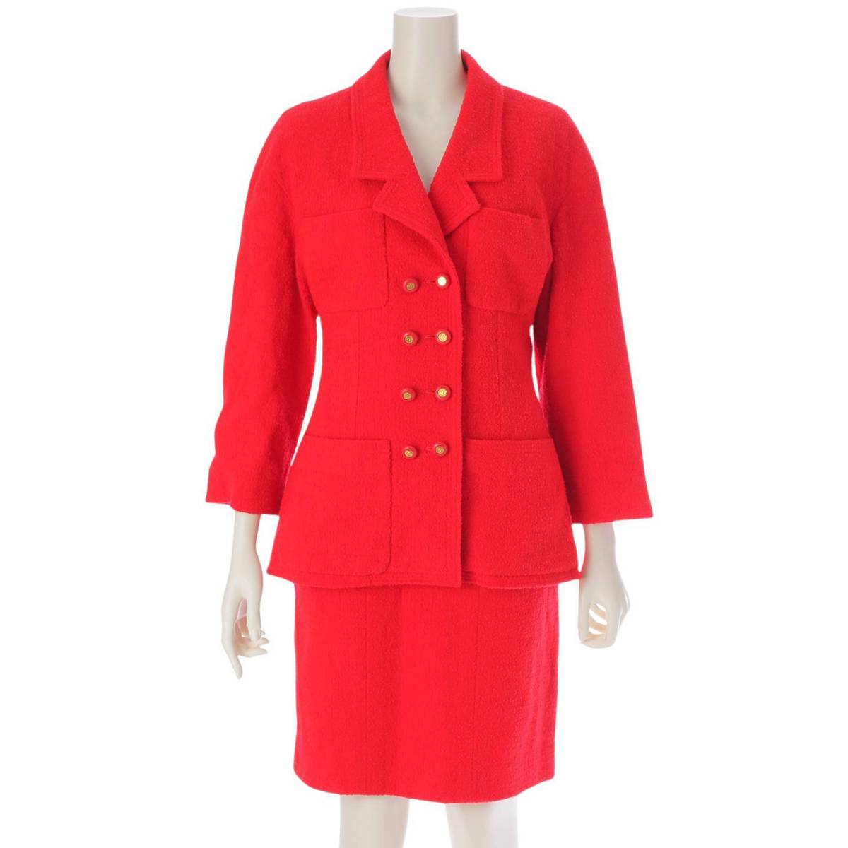 [Chanel] Chanel Tweed COCO Mark Gold Button Double Jacket and Skirt Set Red 40 [Used] [Authenticated and Guaranteed Authentic] 211776