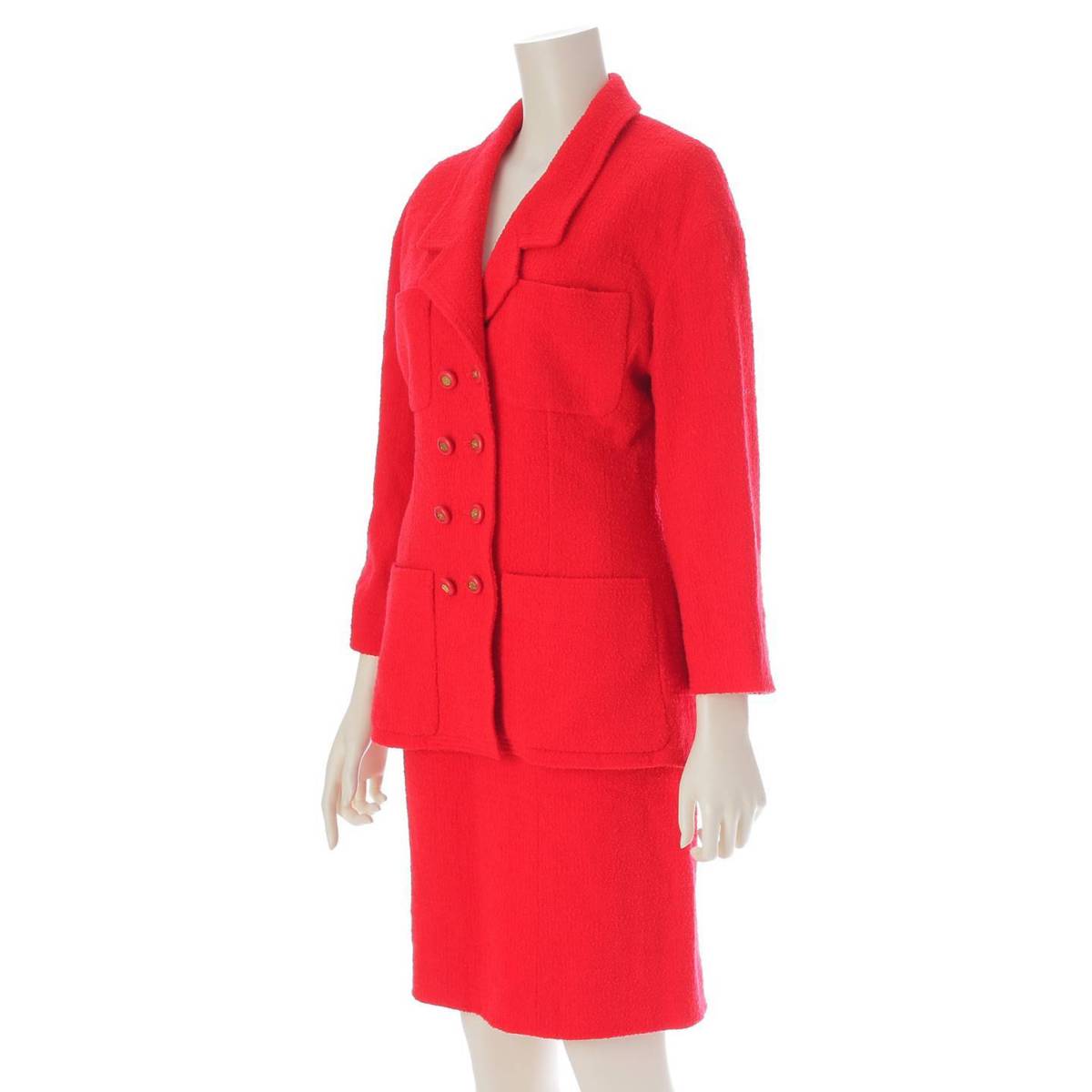 [Chanel] Chanel Tweed COCO Mark Gold Button Double Jacket and Skirt Set Red 40 [Used] [Authenticated and Guaranteed Authentic] 211776