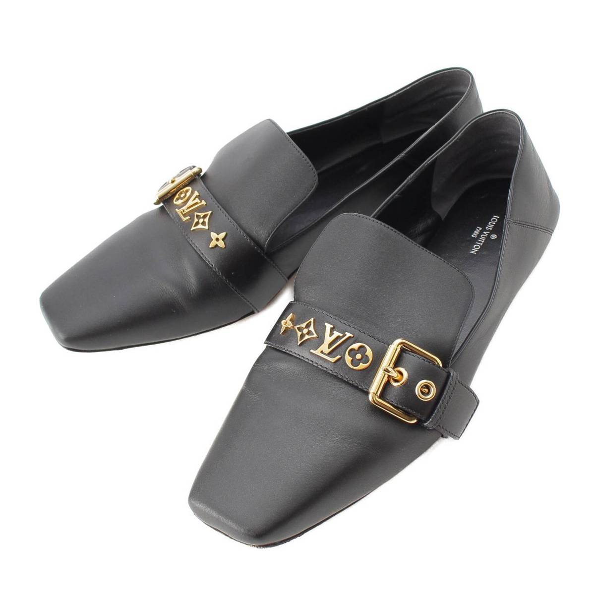 [Louis Vuitton] Louis Vuitton Logo Motif Belt Leather Loafers Slip-on Shoes SC0221 Black 41 [Used] [Authenticated and Guaranteed Authentic] 211797