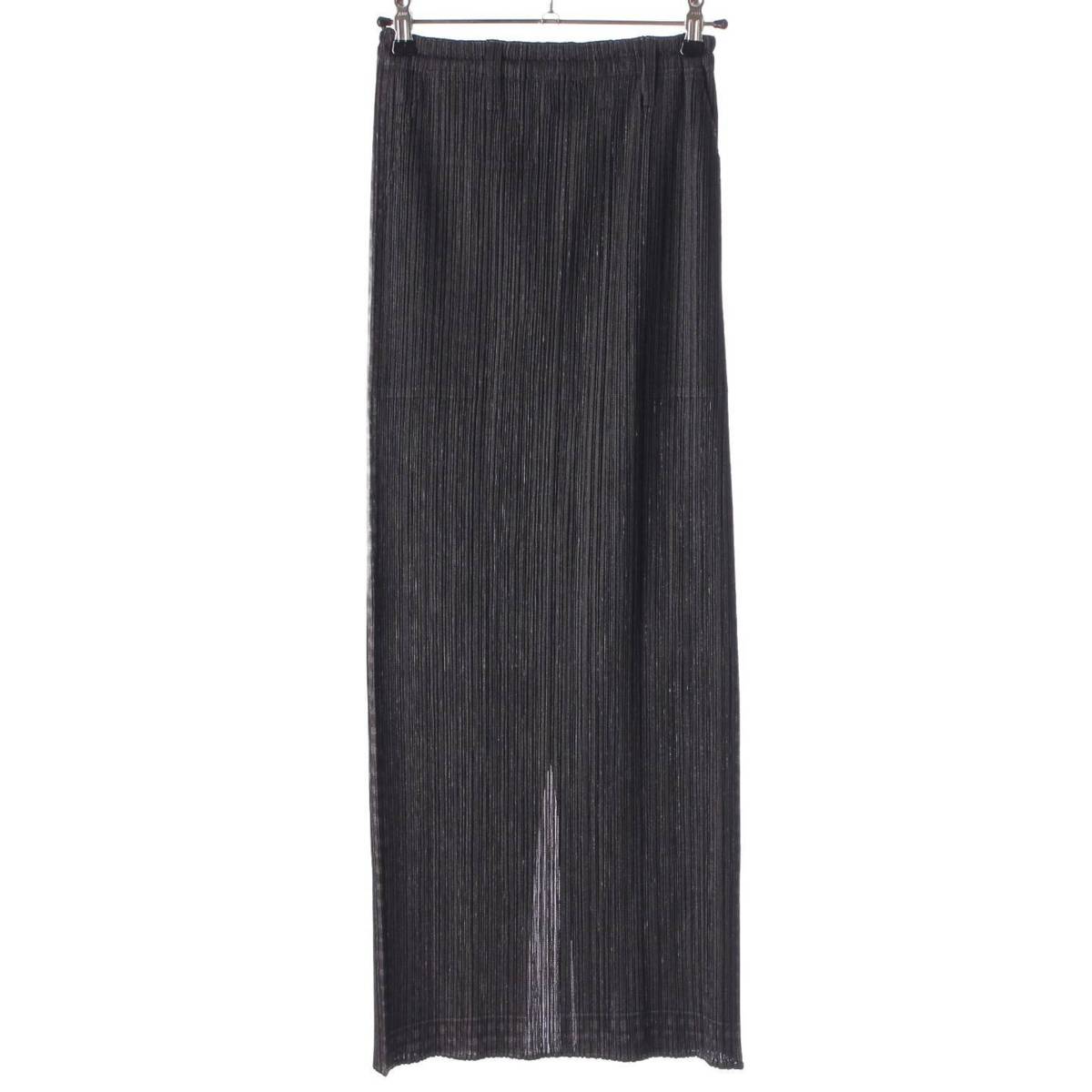 [Pleated Please Issey Miyake] PLEATS PLEASE ISSEY Pleated Denim Transfer Back Slit Long Skirt PP64-JG341 Black 3 [Used] [Authenticated and Guaranteed Authentic] 211954