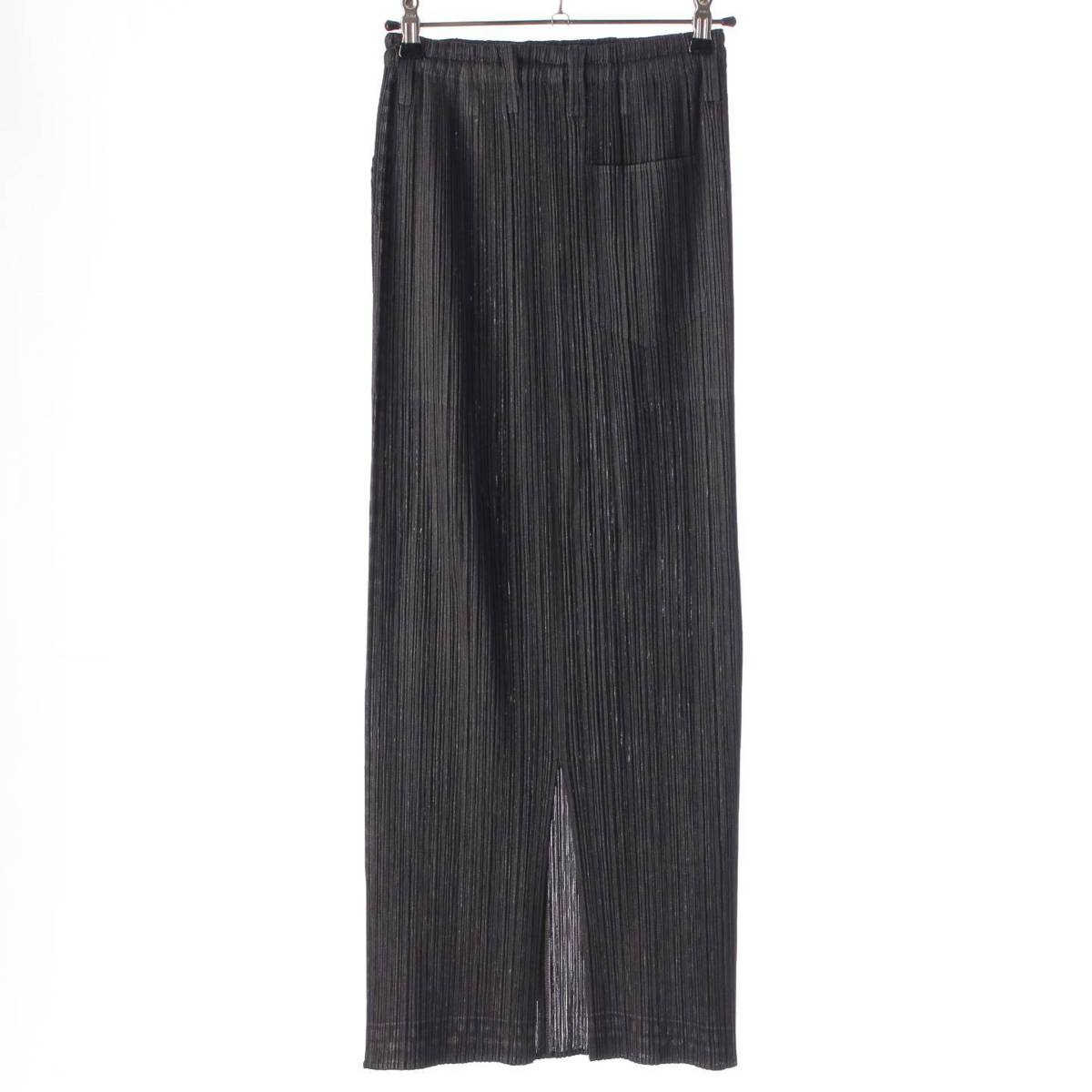 [Pleated Please Issey Miyake] PLEATS PLEASE ISSEY Pleated Denim Transfer Back Slit Long Skirt PP64-JG341 Black 3 [Used] [Authenticated and Guaranteed Authentic] 211954