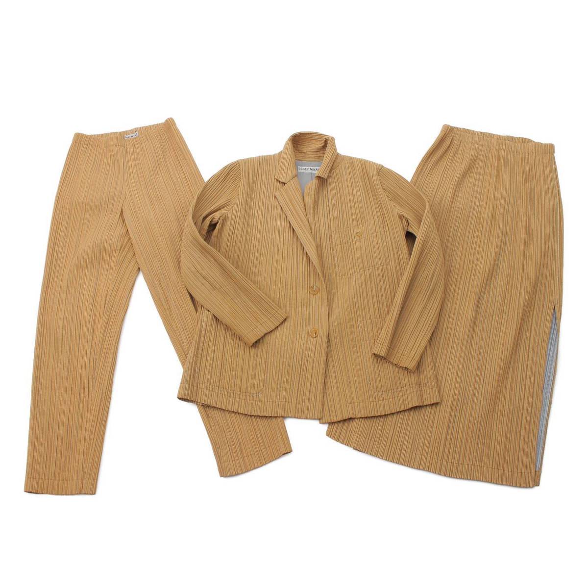 [Issey Miyake] Issey Miyake Pleated Stitch Double Face Jacket, Skirt, Pants 3-piece set [Used] [Authenticated and Guaranteed Authentic] 211957