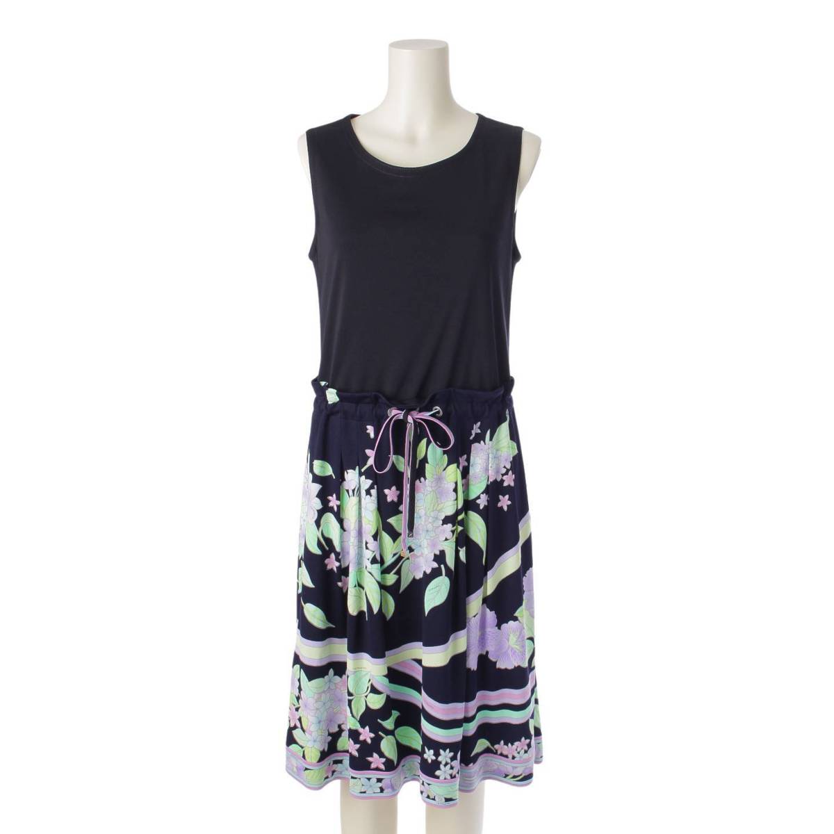 [LEONARD] LEONARD Cancan material sleeveless drawstring floral print dress 0170253 Black 40 [Used] [Authenticated and genuine product guaranteed] 211980