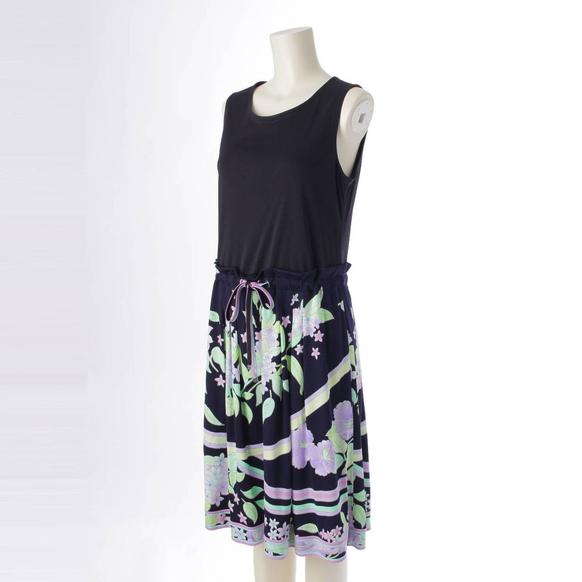 [LEONARD] LEONARD Cancan material sleeveless drawstring floral print dress 0170253 Black 40 [Used] [Authenticated and genuine product guaranteed] 211980