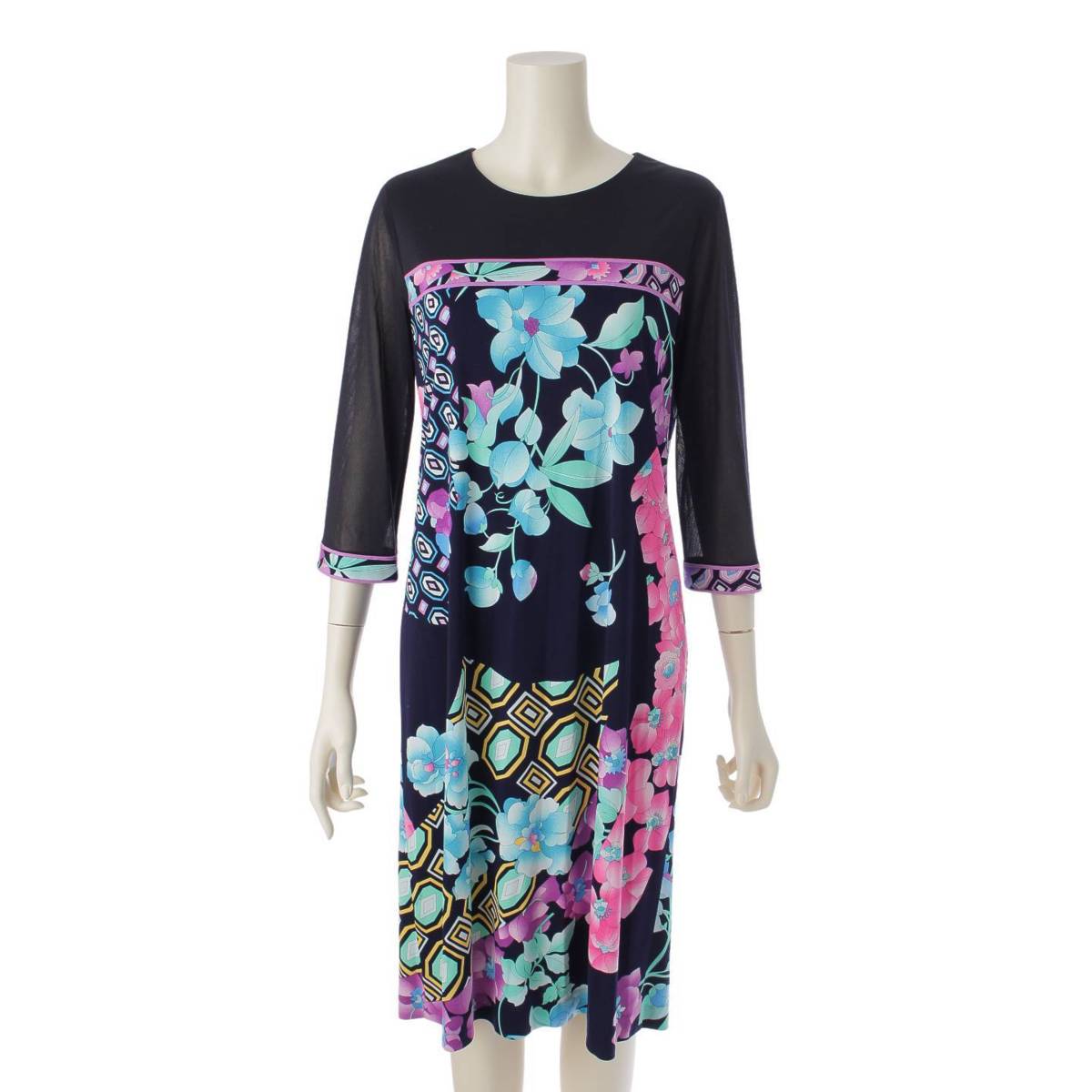 [LEONARD] Cancan material crew neck floral tape dress black multicolor size 40 [Used] [Authenticated and genuine product guaranteed] 211982