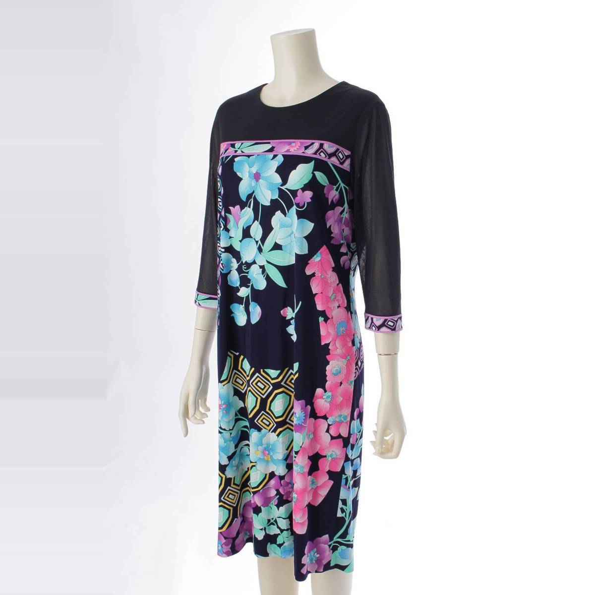 [LEONARD] Cancan material crew neck floral tape dress black multicolor size 40 [Used] [Authenticated and genuine product guaranteed] 211982