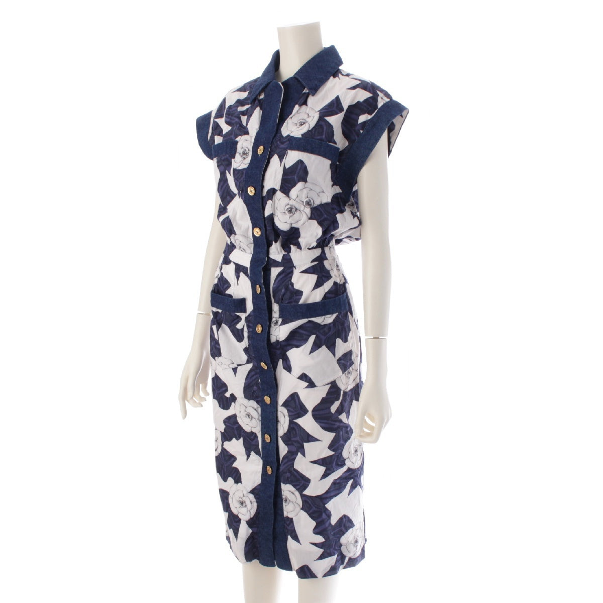CHANEL 87 years cotton Vintage Camellia Ribbon Pattern COCO Mark Button one piece Denim switching dress White blue system