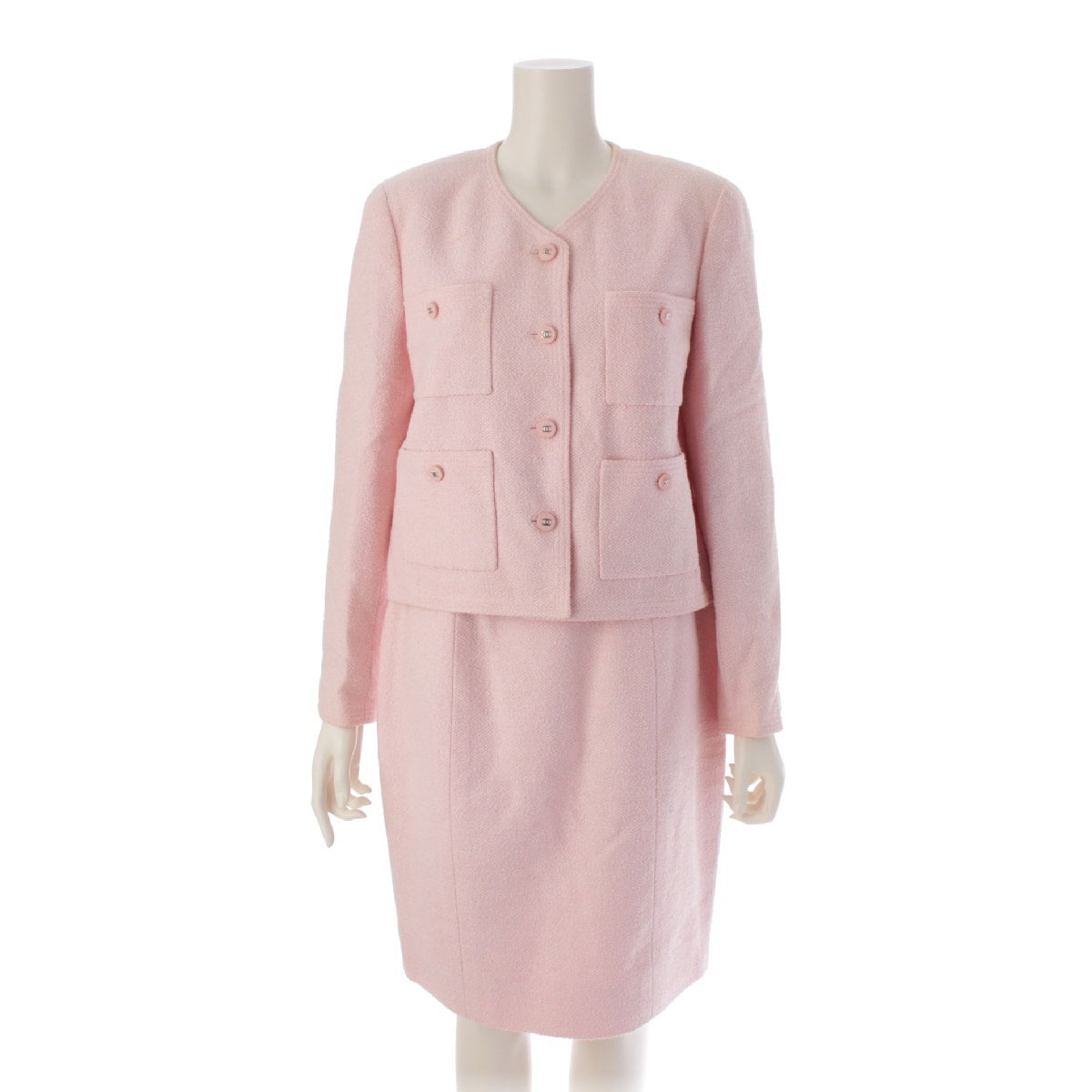 CHANEL 96P Cotton Tweed Vintage COCO Button Camellia Jacket Skirt setup Graffiti lining 4 pockets P07027 pink 40